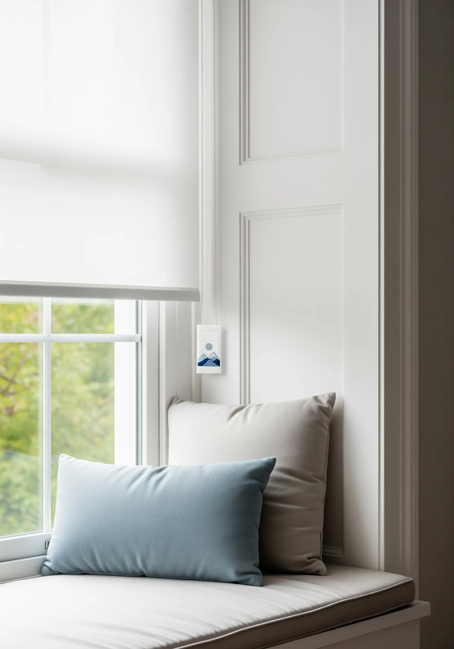 A light switch plate covered in fabric embroidered with a minimalist mountain scene.