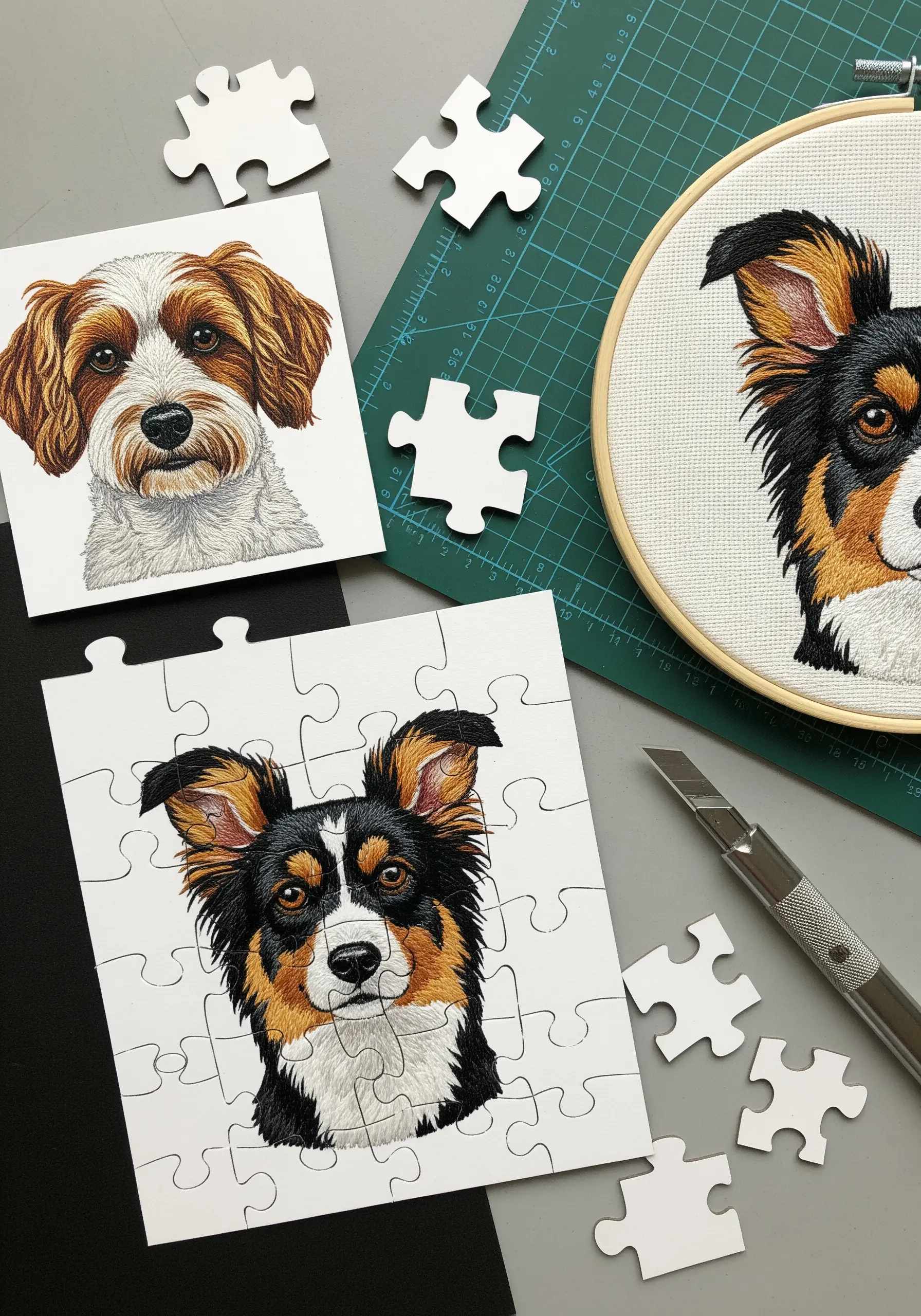 An embroidered dog portrait in a hoop next to a custom jigsaw puzzle of the same artwork.