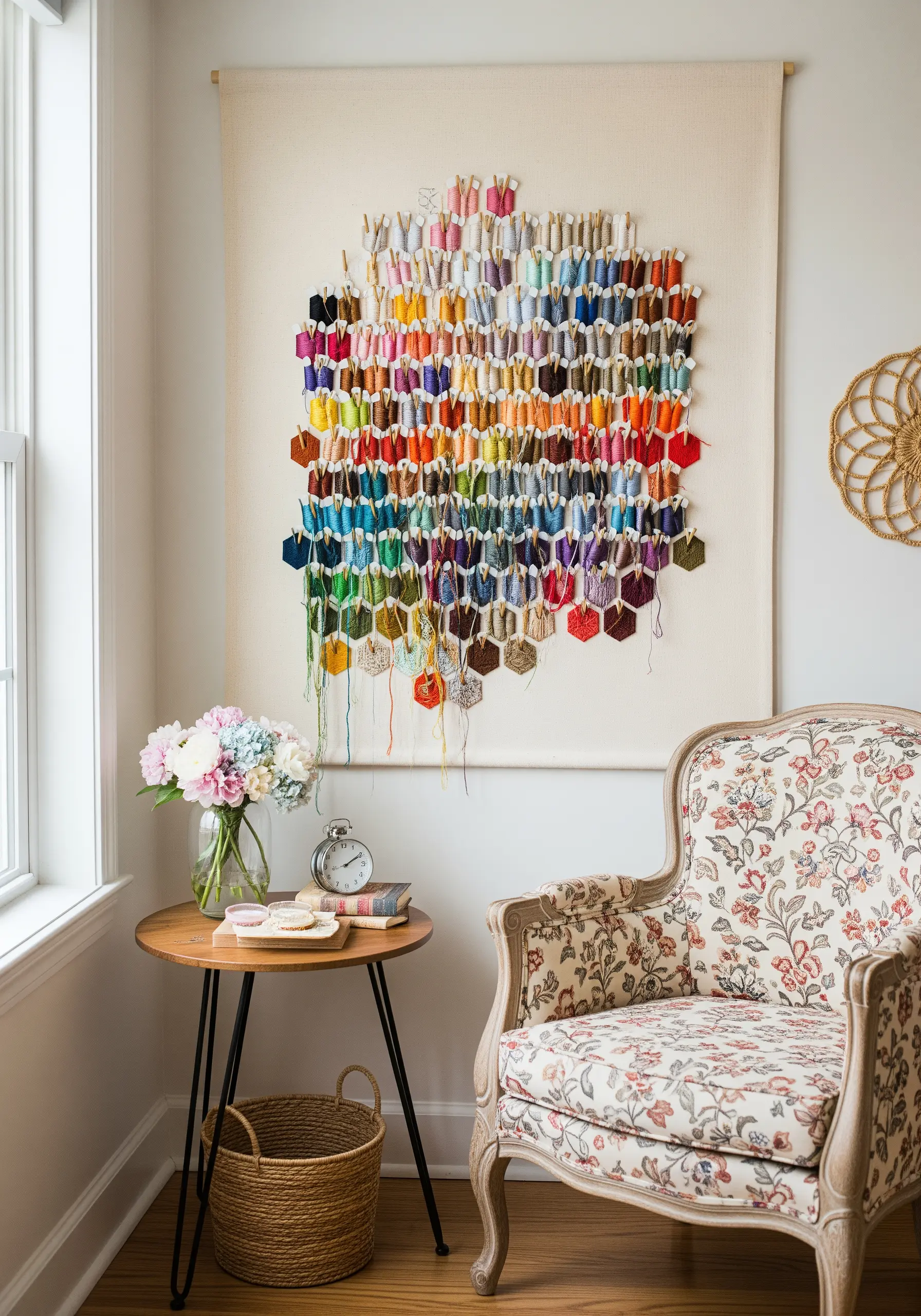 Embroidery floss organized by color on hexagonal bobbins, pinned to a large fabric wall hanging.