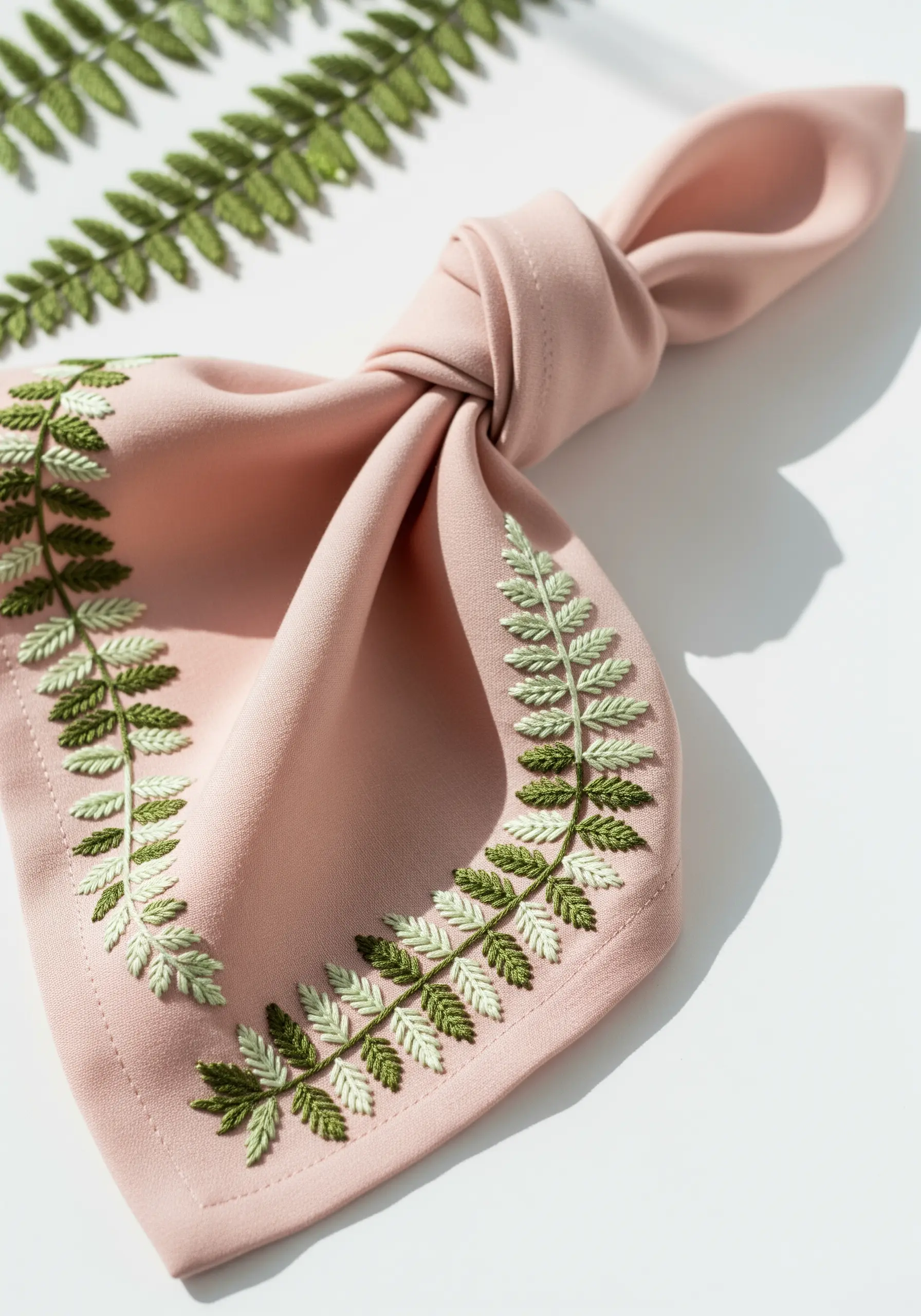 Fern fronds with two-tone green satin stitch on a dusty rose napkin.