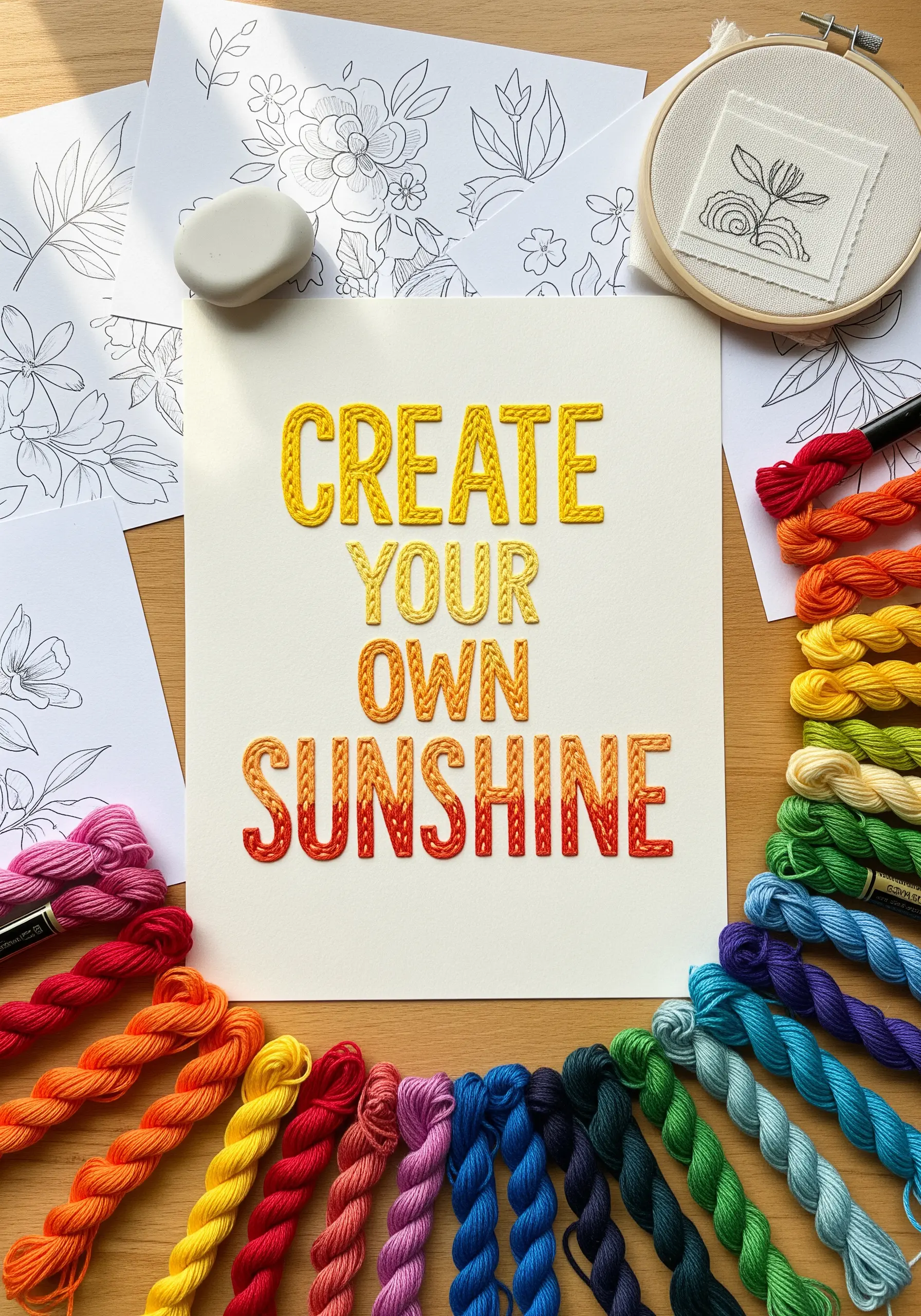 Yellow and orange gradient typography embroidery on paper