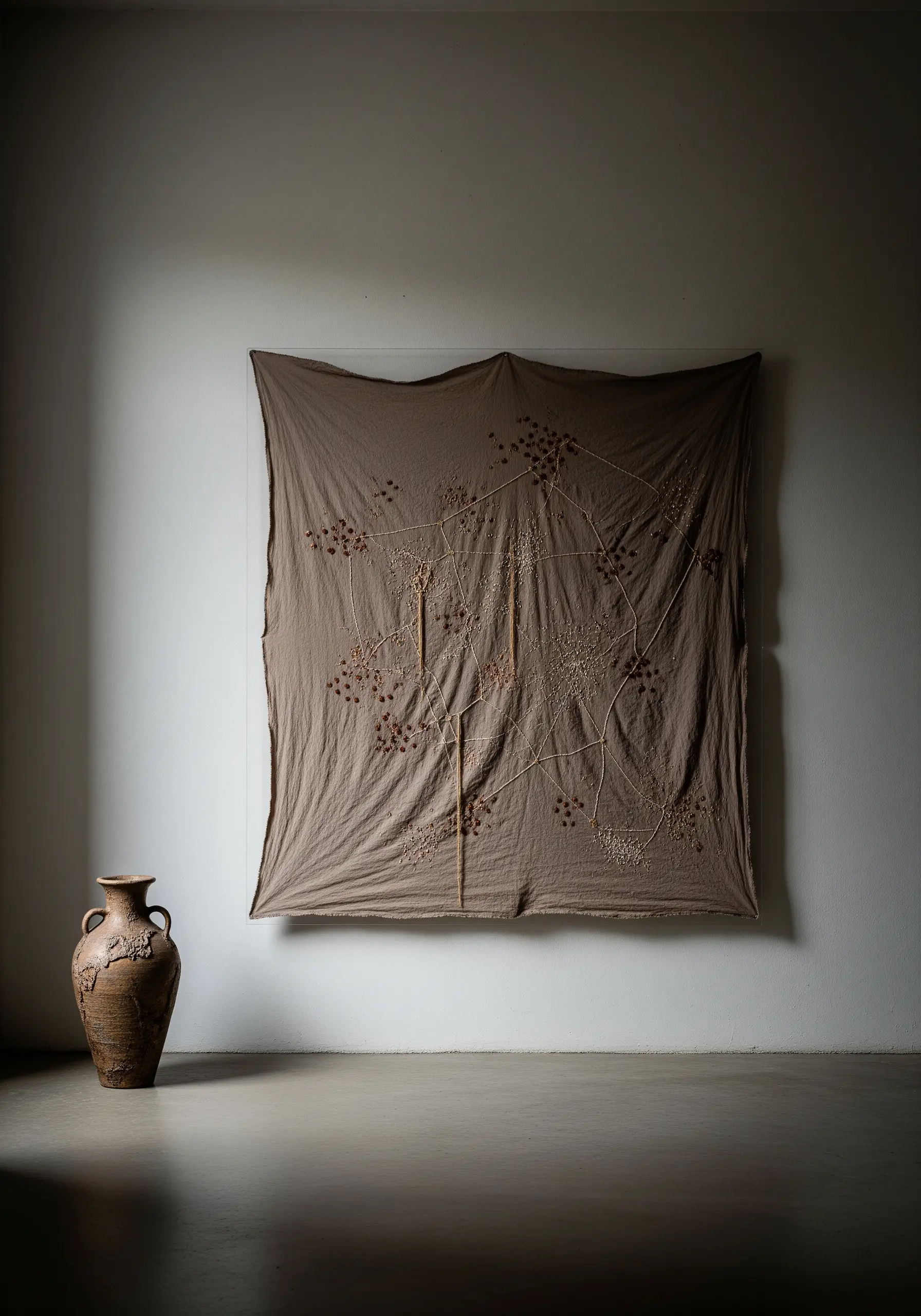 A large, draped taupe fabric with delicate, sparsely embroidered seed stitch patterns.