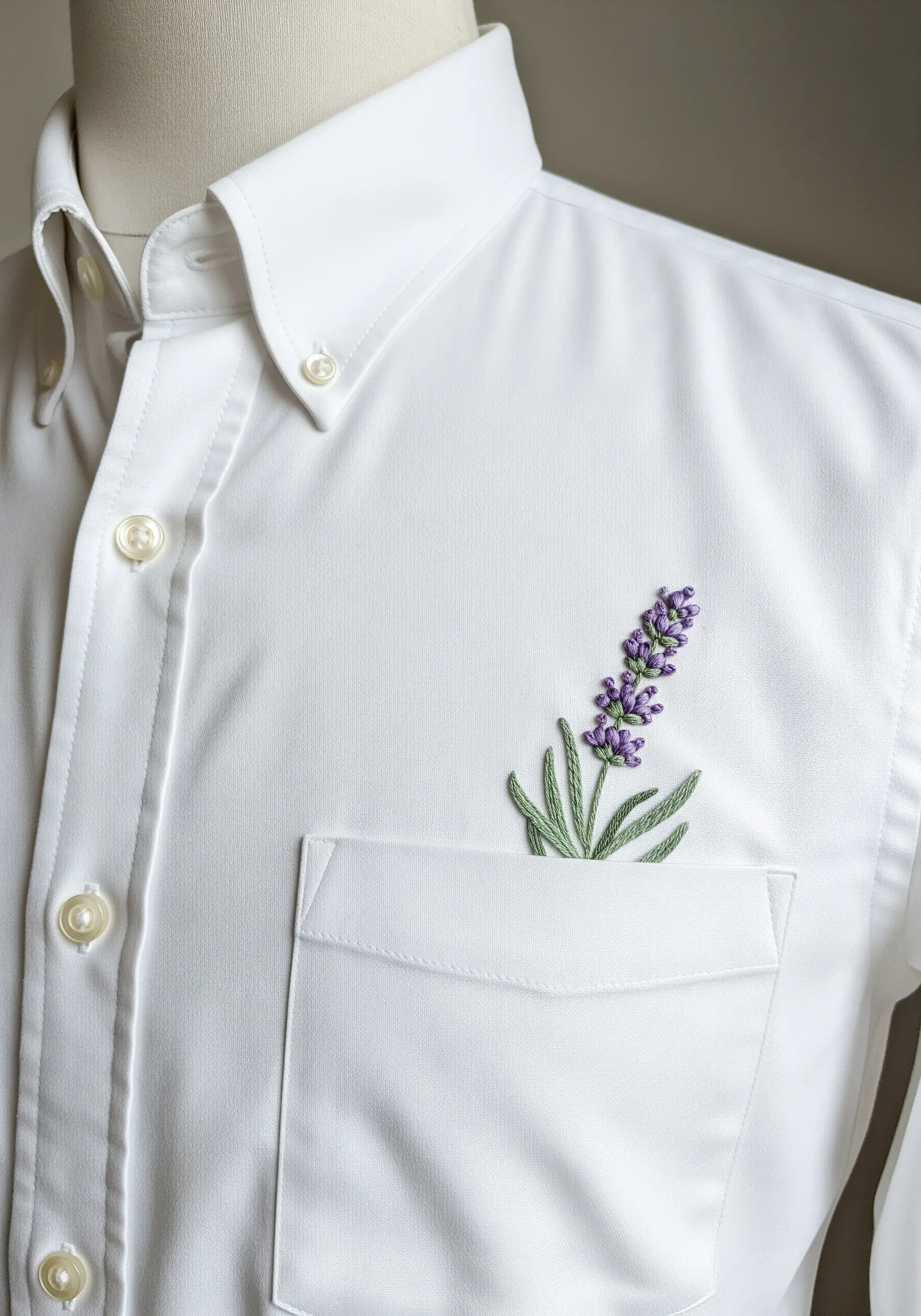 Detailed hand-embroidery of a lavender sprig emerging from a white shirt pocket.