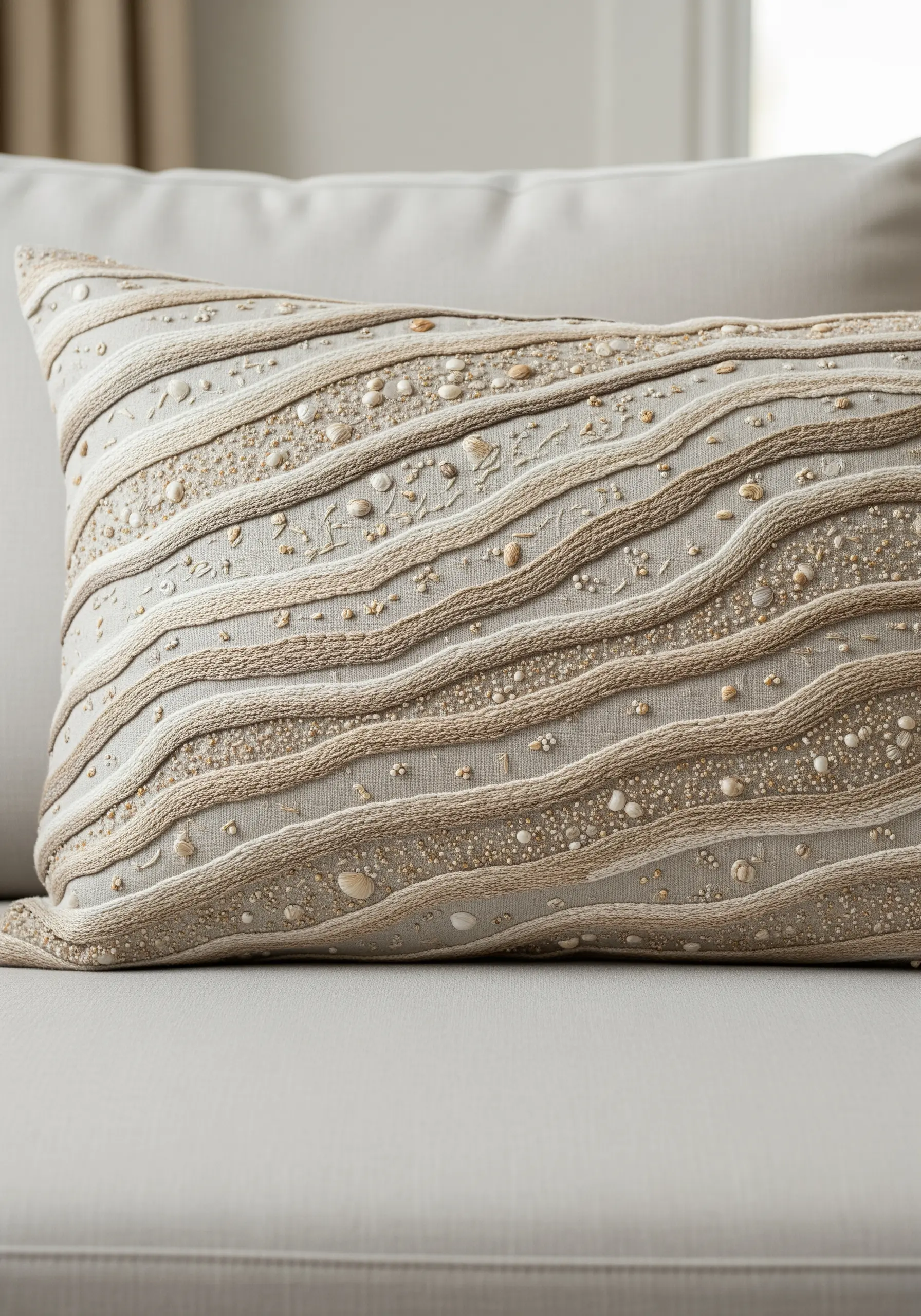 Close-up of a neutral-toned pillow with wavy embroidered lines embellished with tiny beads.