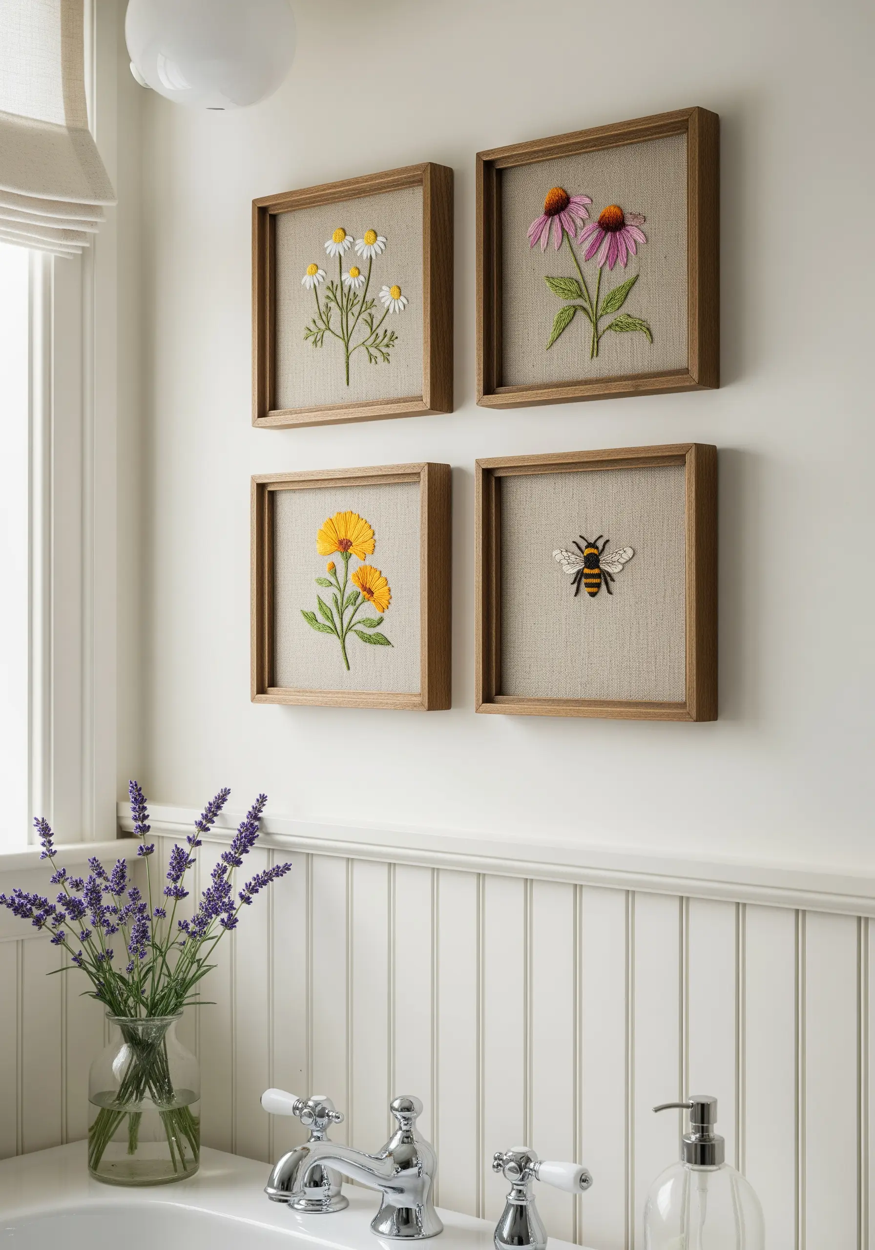 A set of four framed botanical and insect embroideries on a neutral wall.