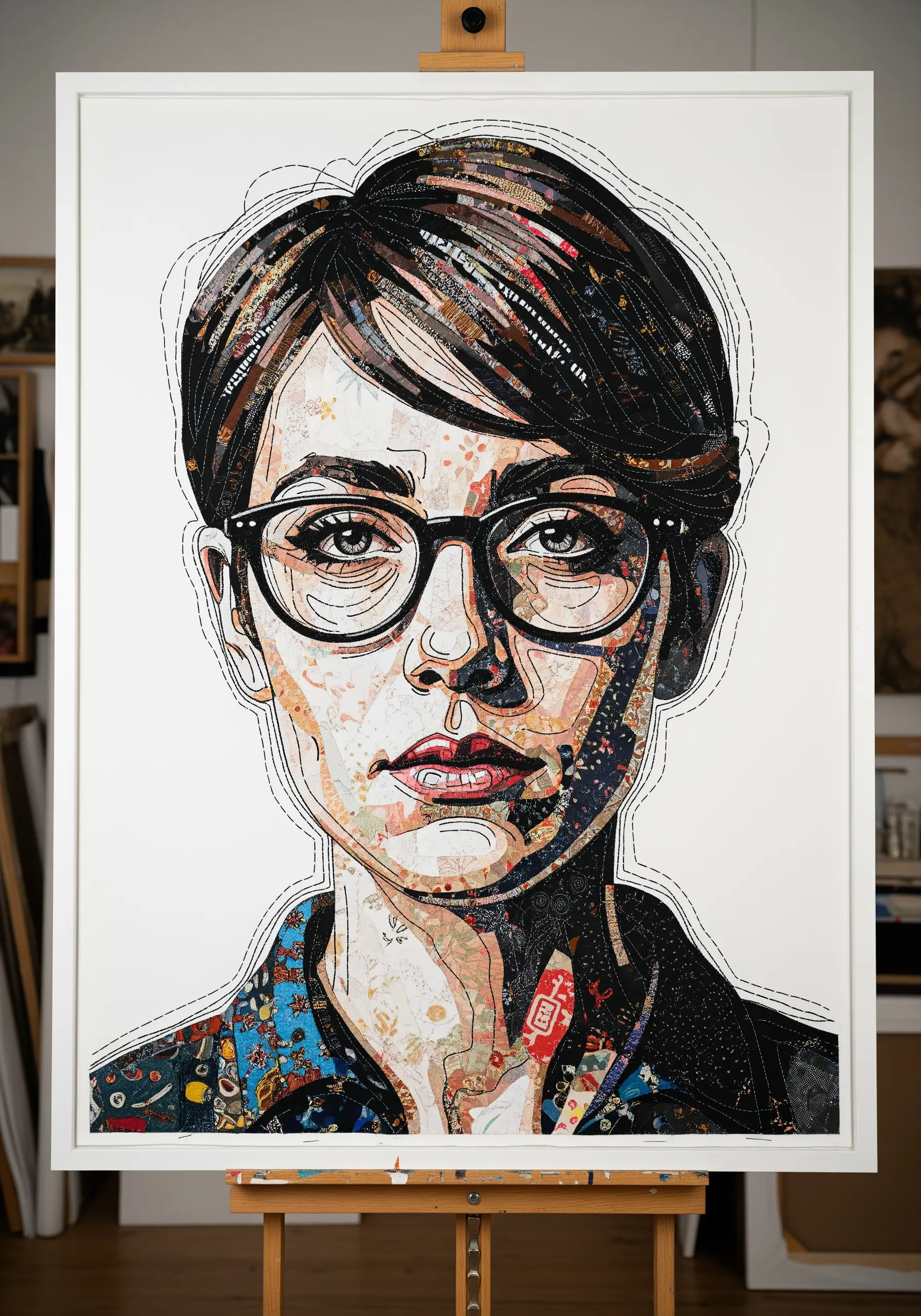 A framed portrait made from a collage of fabric scraps unified by black thread drawing.