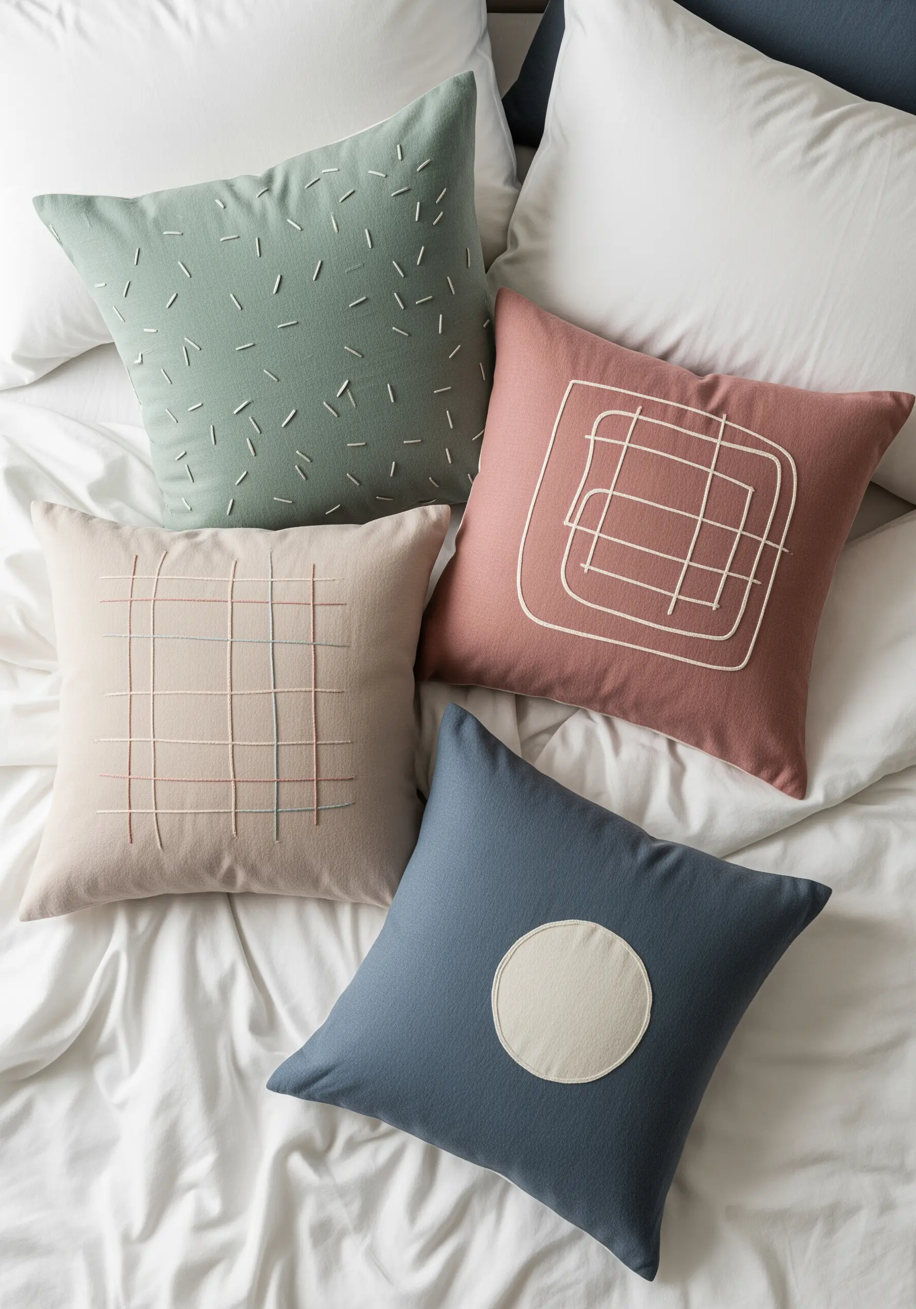 Four embroidered pillows in muted colors with different abstract stitch patterns.