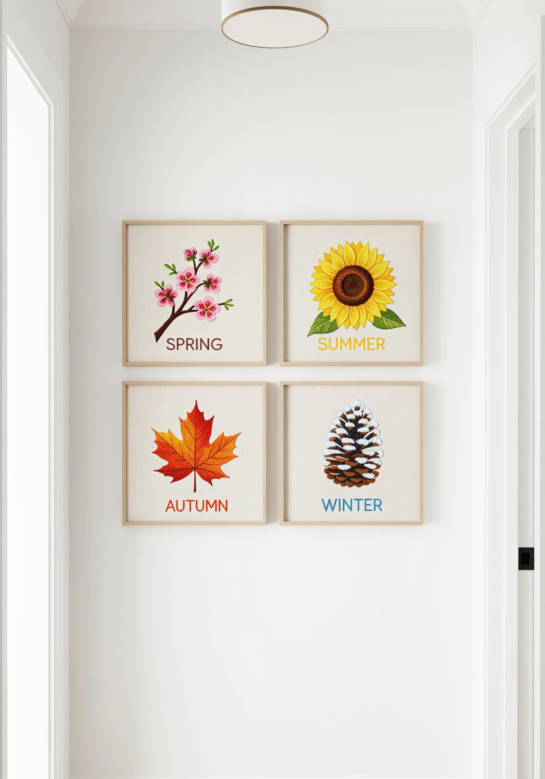 Four framed embroidery pieces on a wall, each representing a season: spring, summer, autumn, winter.