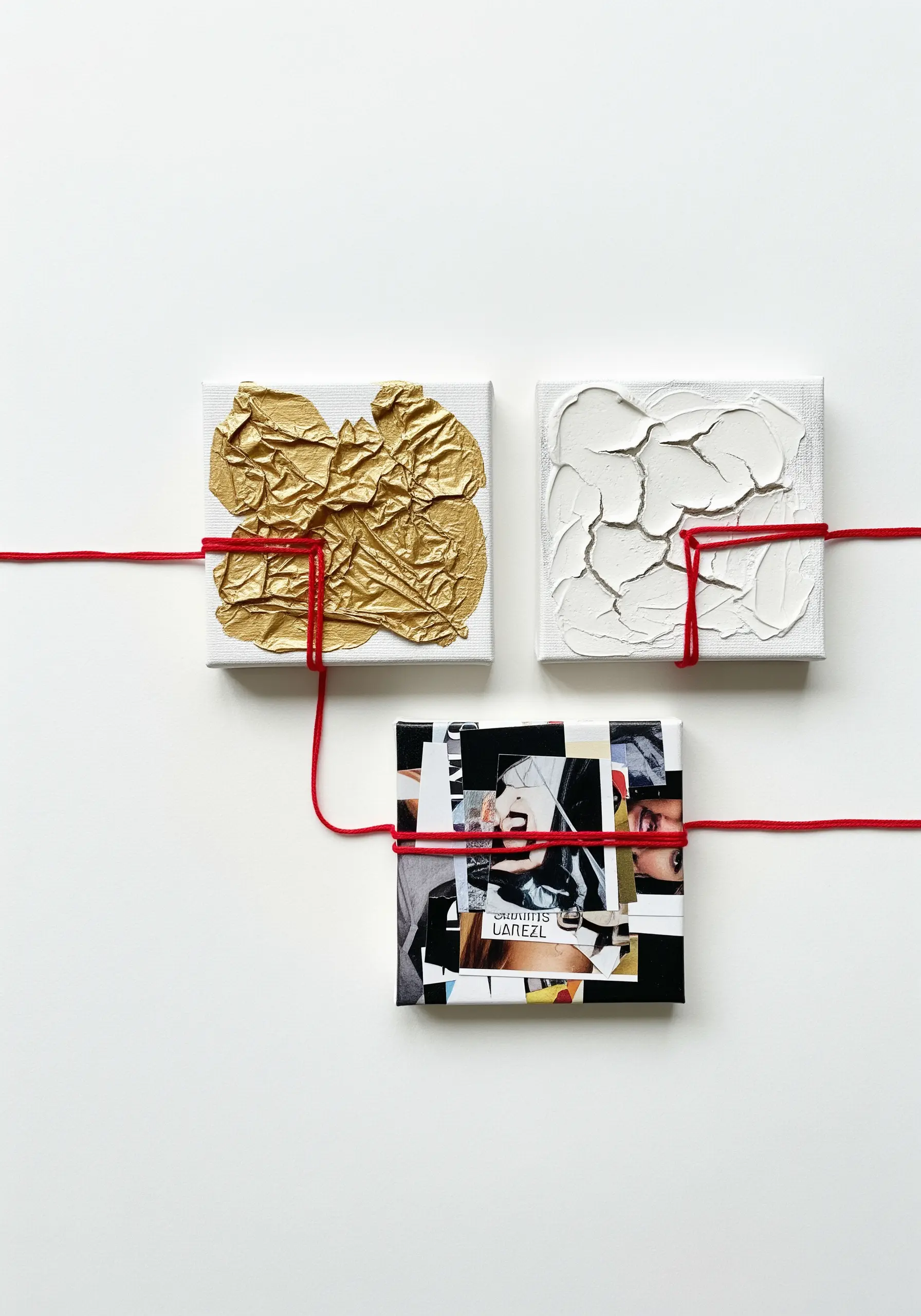 Three small textured canvases—gold foil, white paste, and photo collage—bound by red cord.