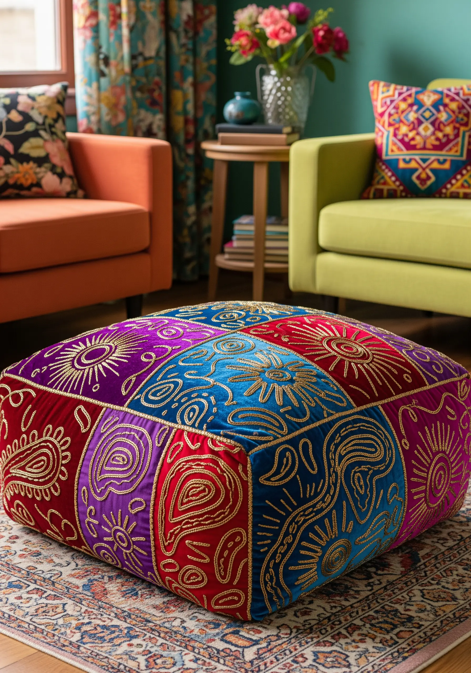 Colorful patchwork ottoman with vibrant jewel tones unified by continuous gold thread embroidery.