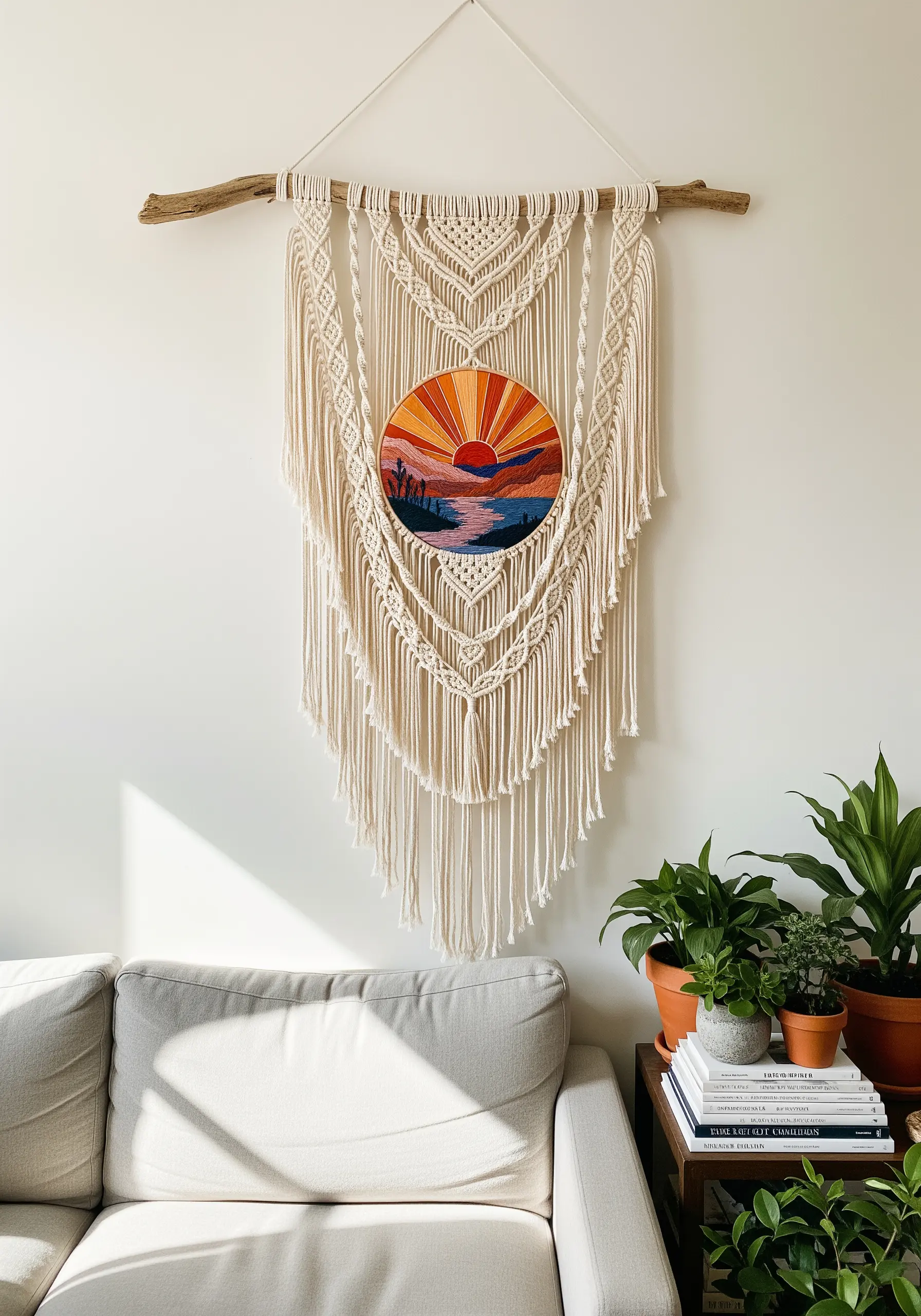 A round embroidery of a sunset centerpiece within a large macrame wall hanging.