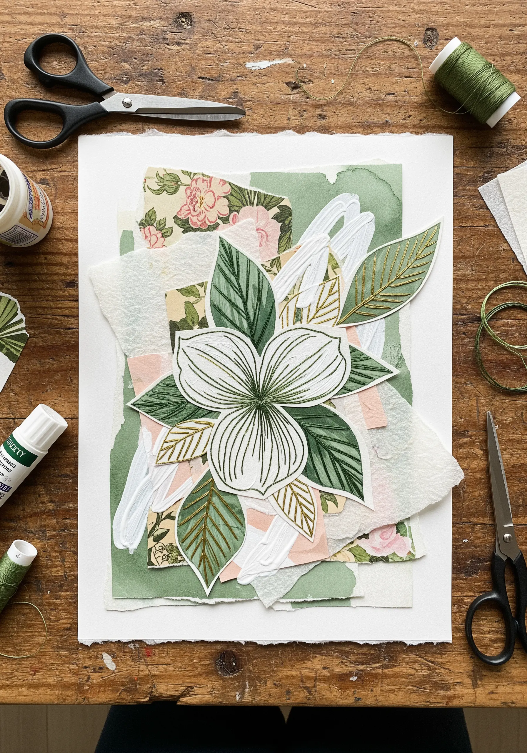 Botanical paper collage with gold and green thread outlines on leaves and a central flower.