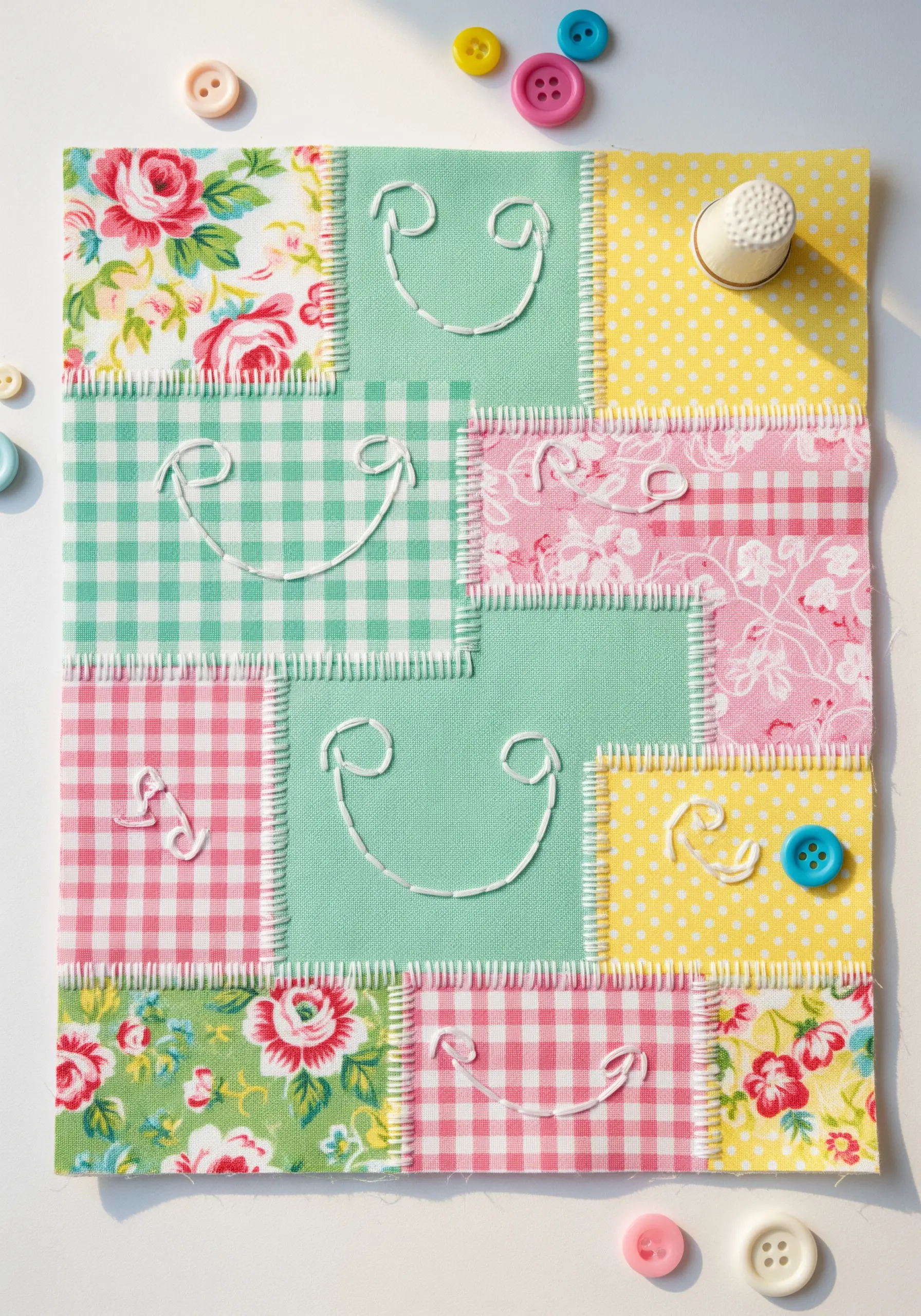 Cheerful patchwork collage of floral and gingham fabrics with simple white embroidered smiles.