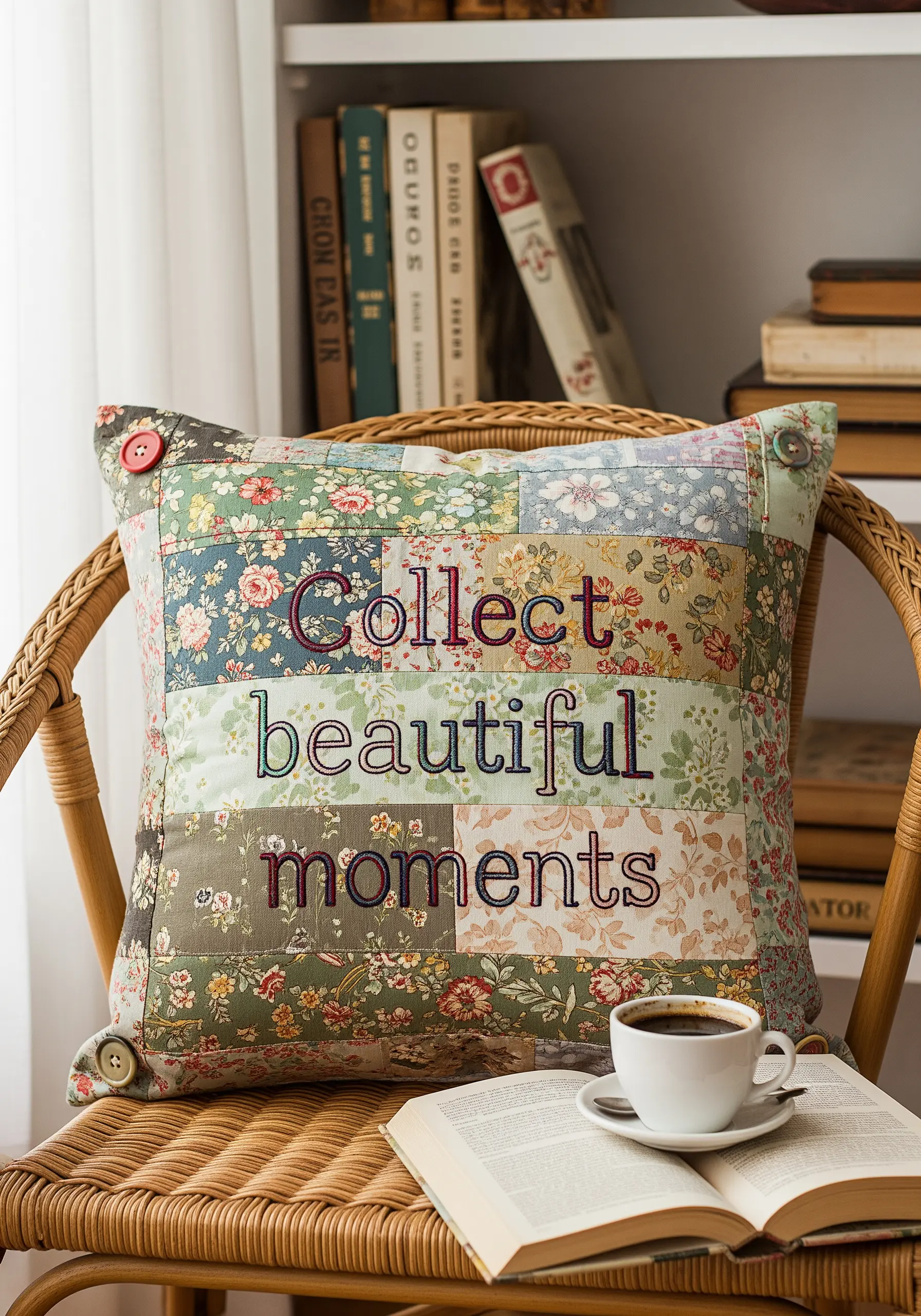 Embroidered quote stitched over a patchwork pillow made from various floral fabrics.