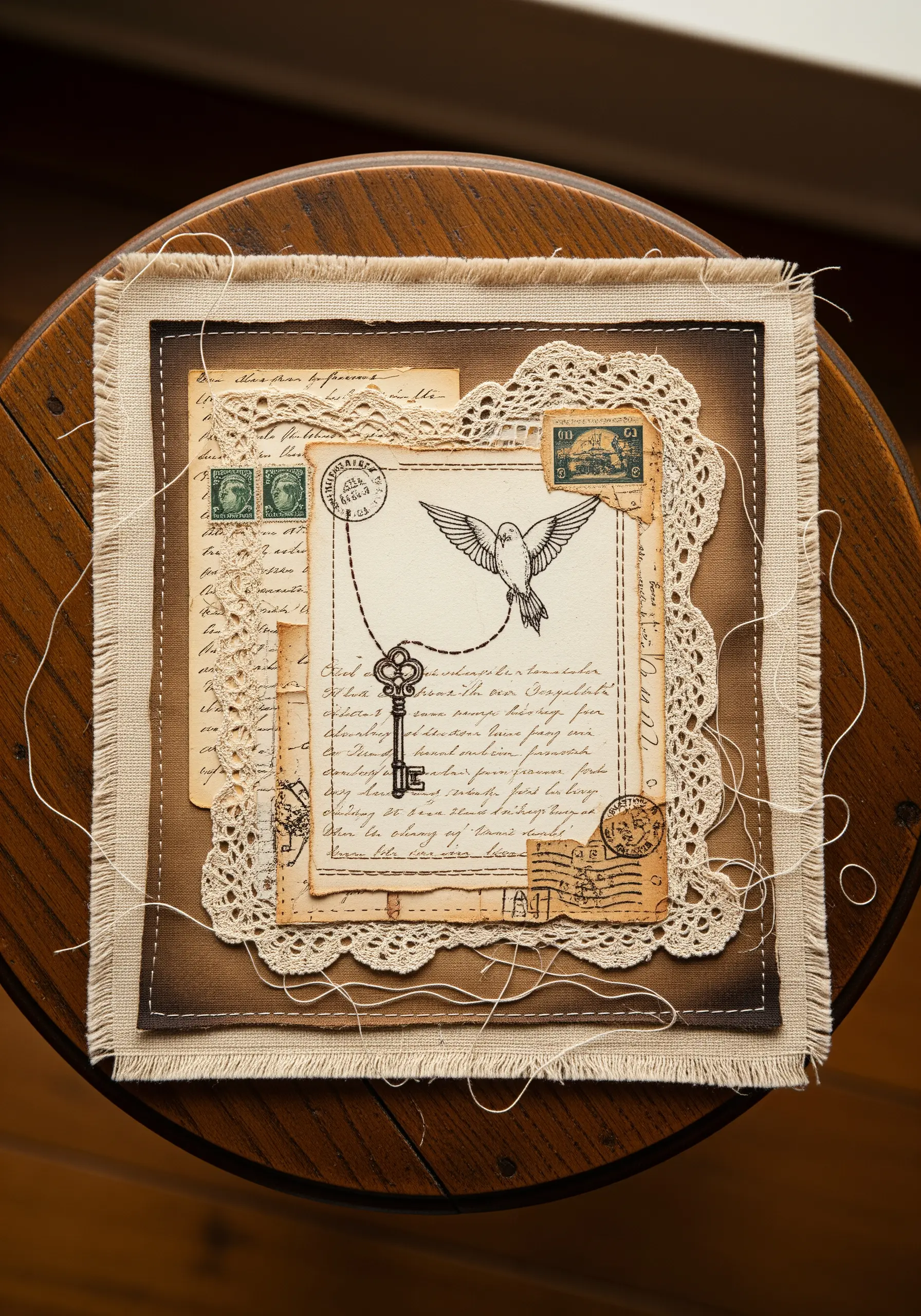 Vintage-inspired collage with old paper, stamps, and lace, connected by delicate hand stitching.