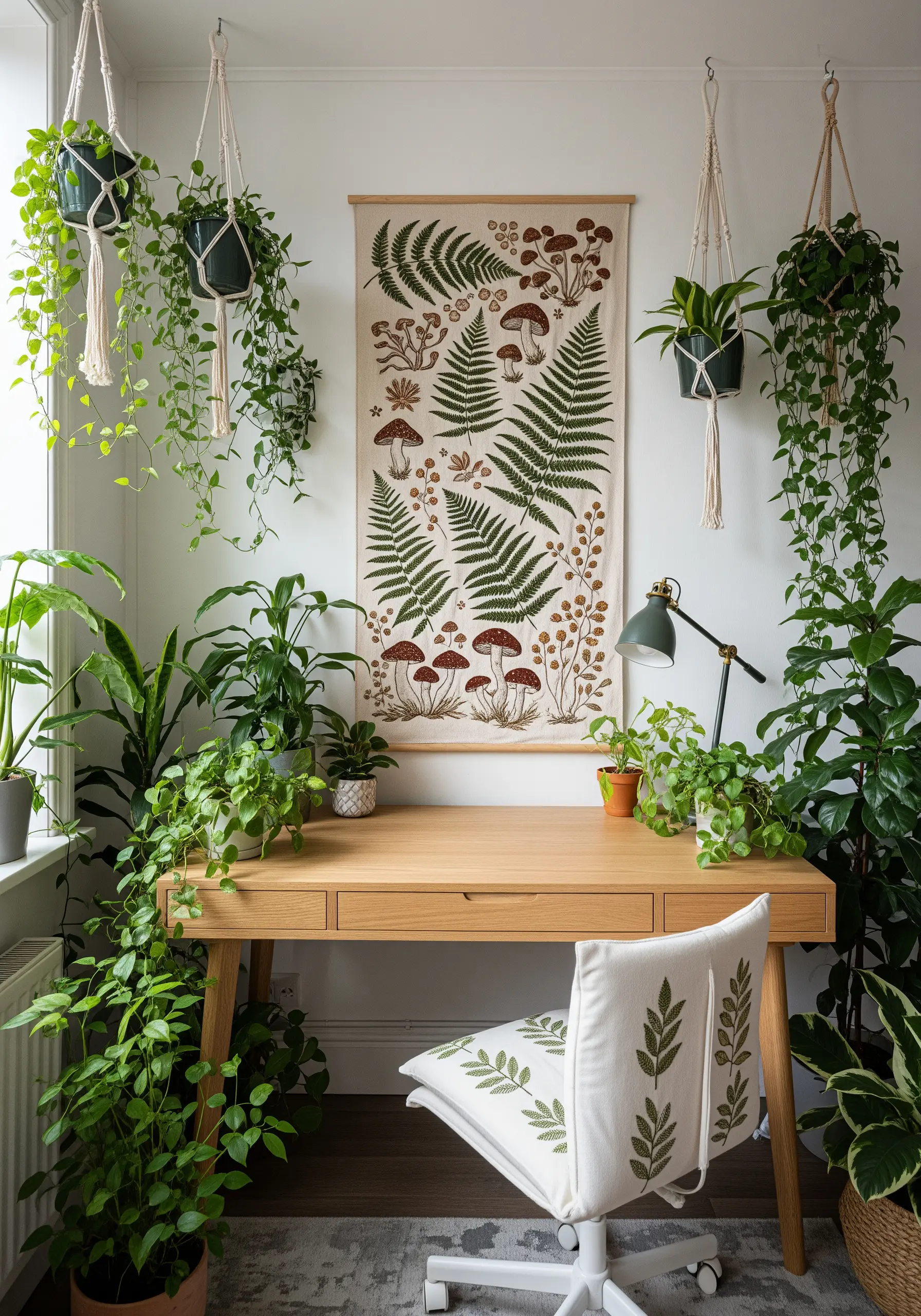 A botanical-themed office with a large fern wall hanging and a matching embroidered chair cover.
