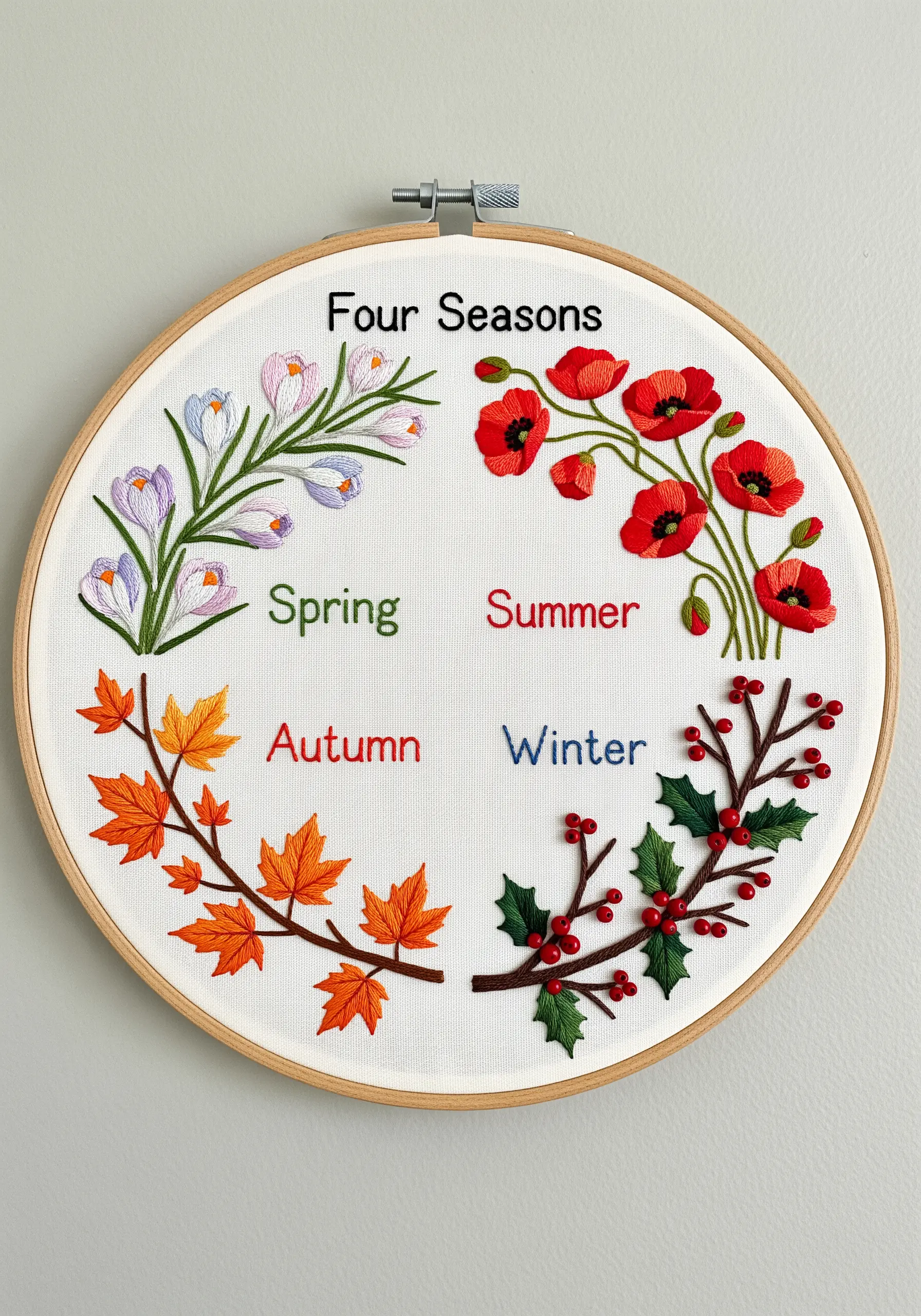 A four-seasons wreath embroidery showing flowers and leaves from spring, summer, autumn, and winter.