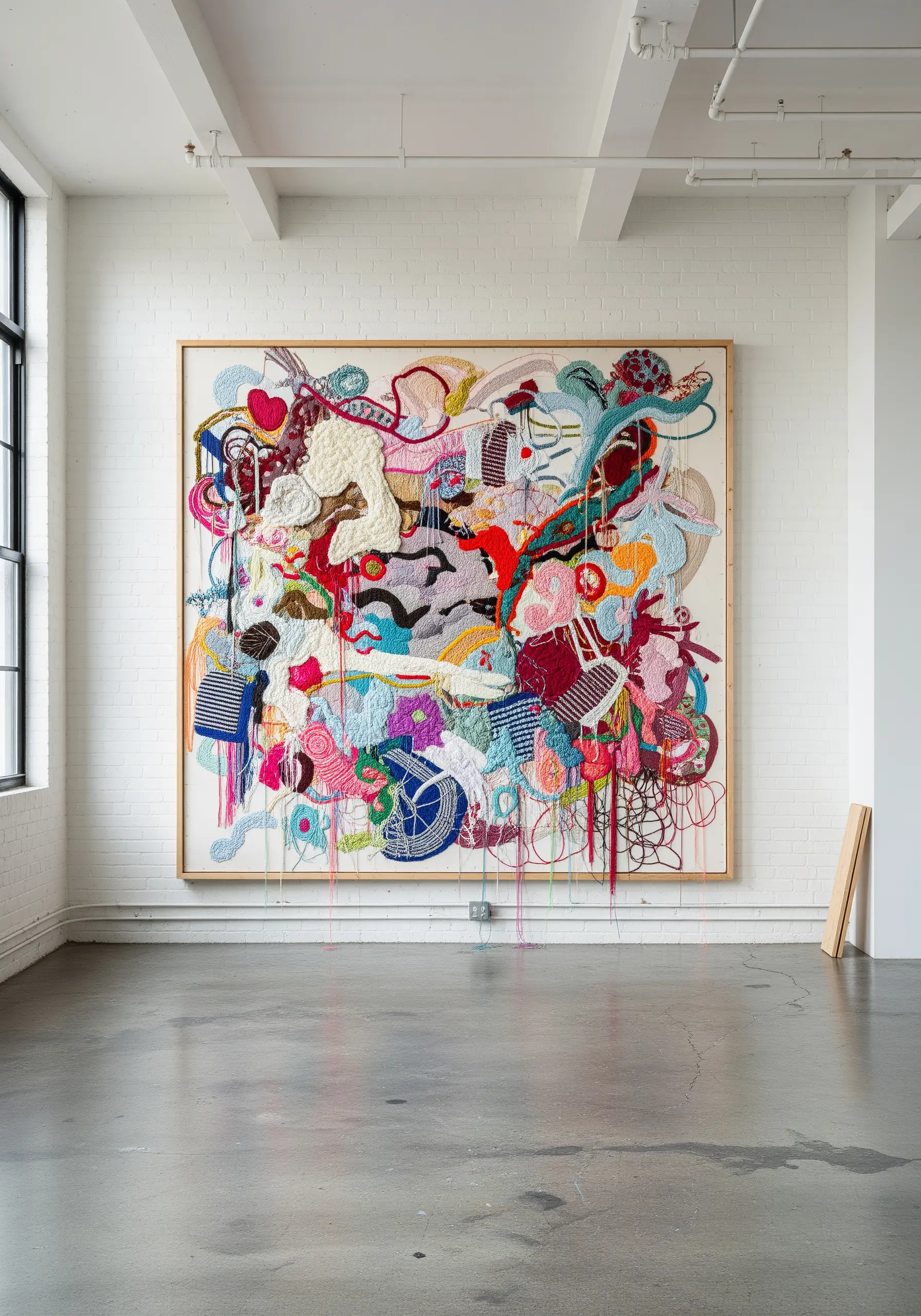 A massive, framed piece of abstract fiber art with chaotic, colorful textures.