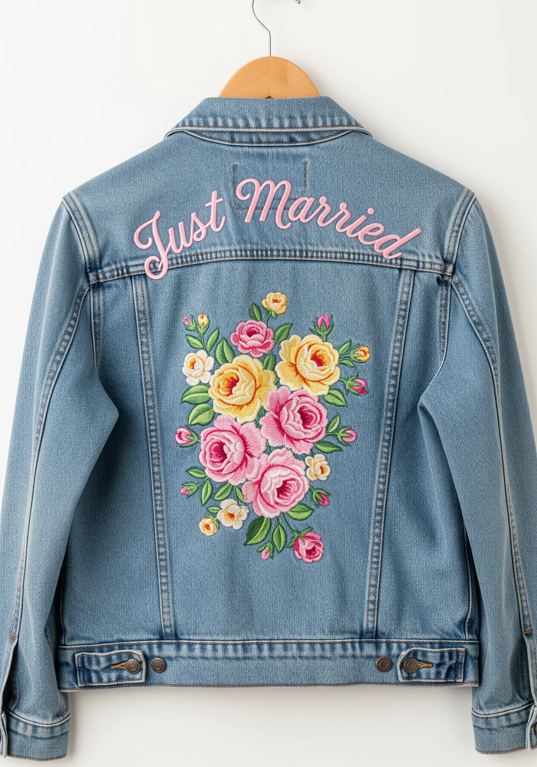 Colorful rose embroidery on back of denim jacket
