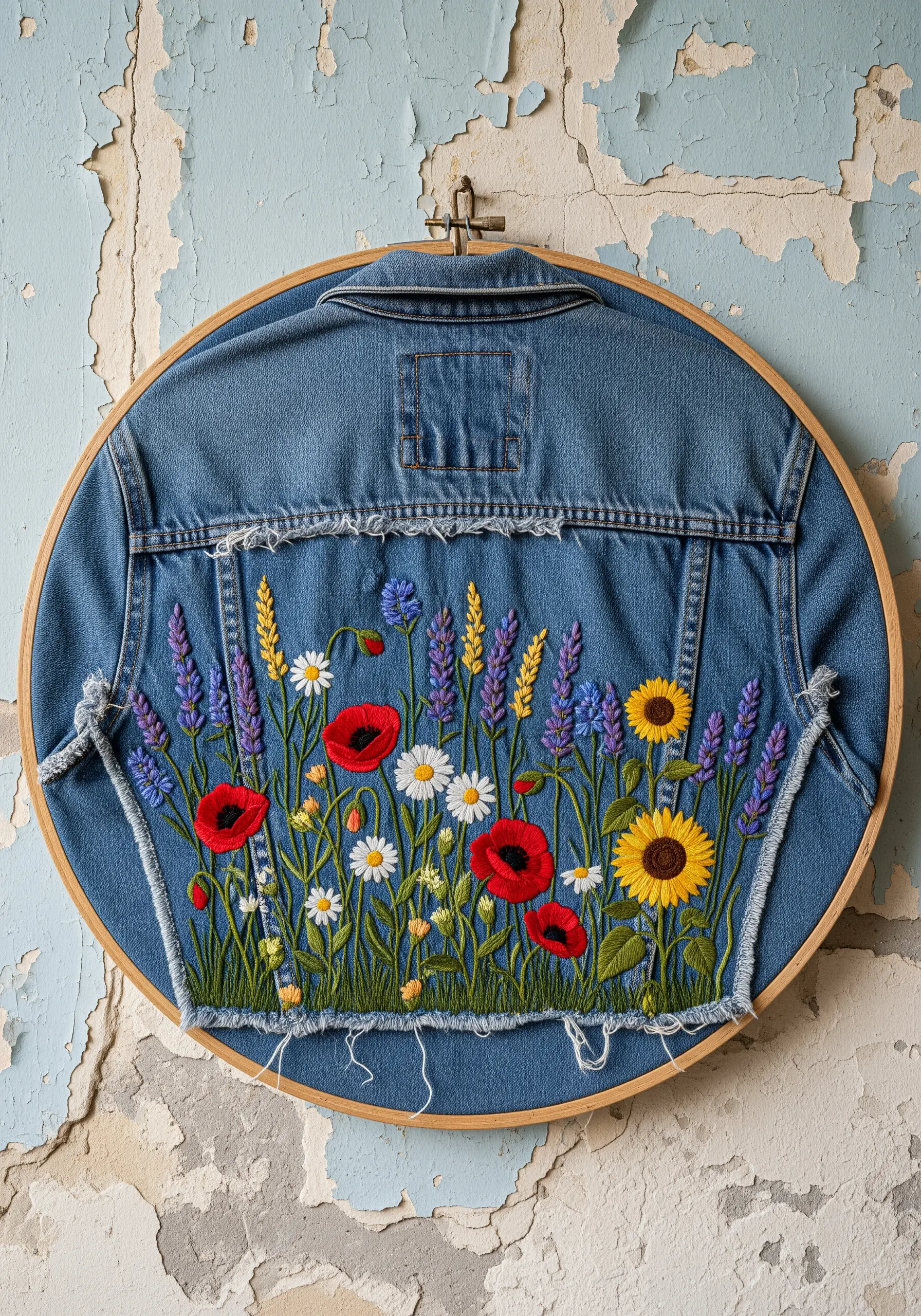 Back of a denim jacket embroidered with a field of colorful wildflowers and wheat