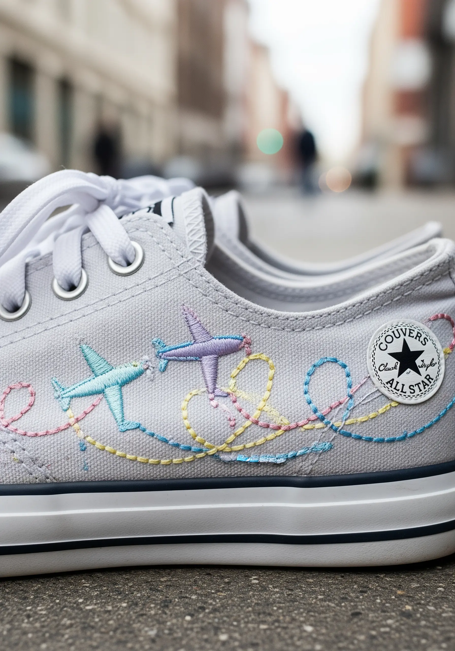 Sneakers with embroidered airplanes and flight trails