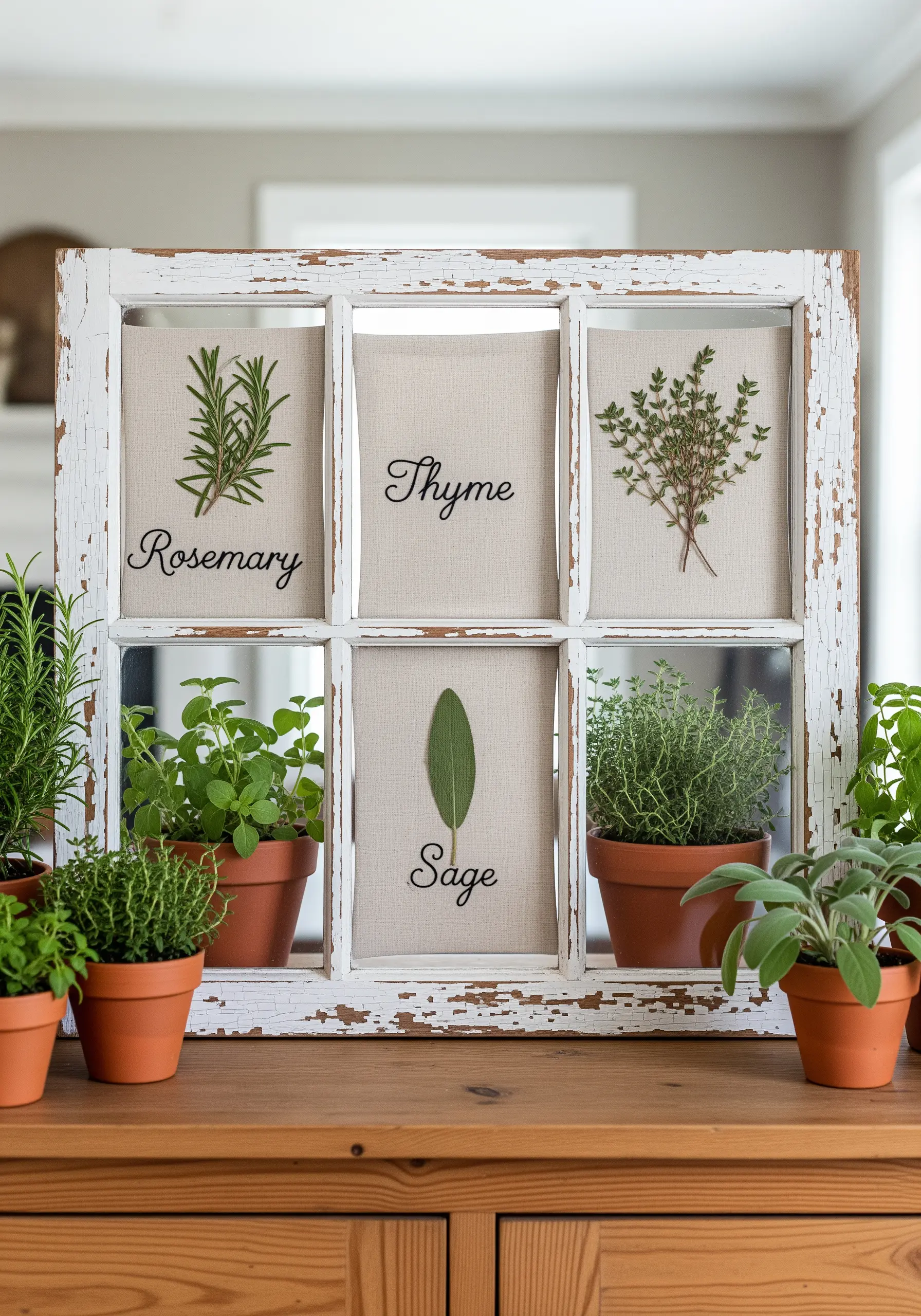 Old window frame with rosemary, thyme, and sage panels