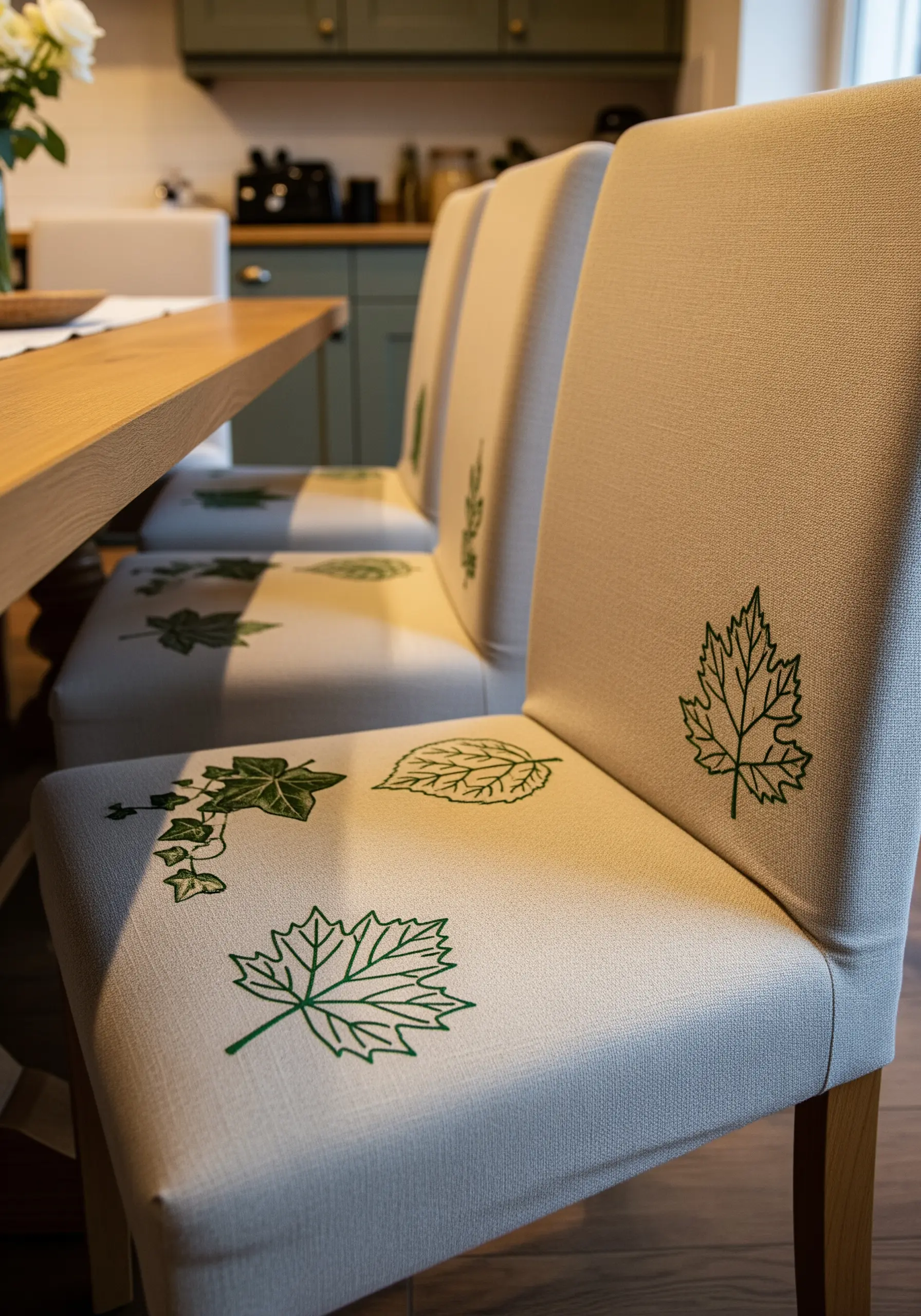 Dining chair covers made of neutral linen, embroidered with simple green leaf outlines.