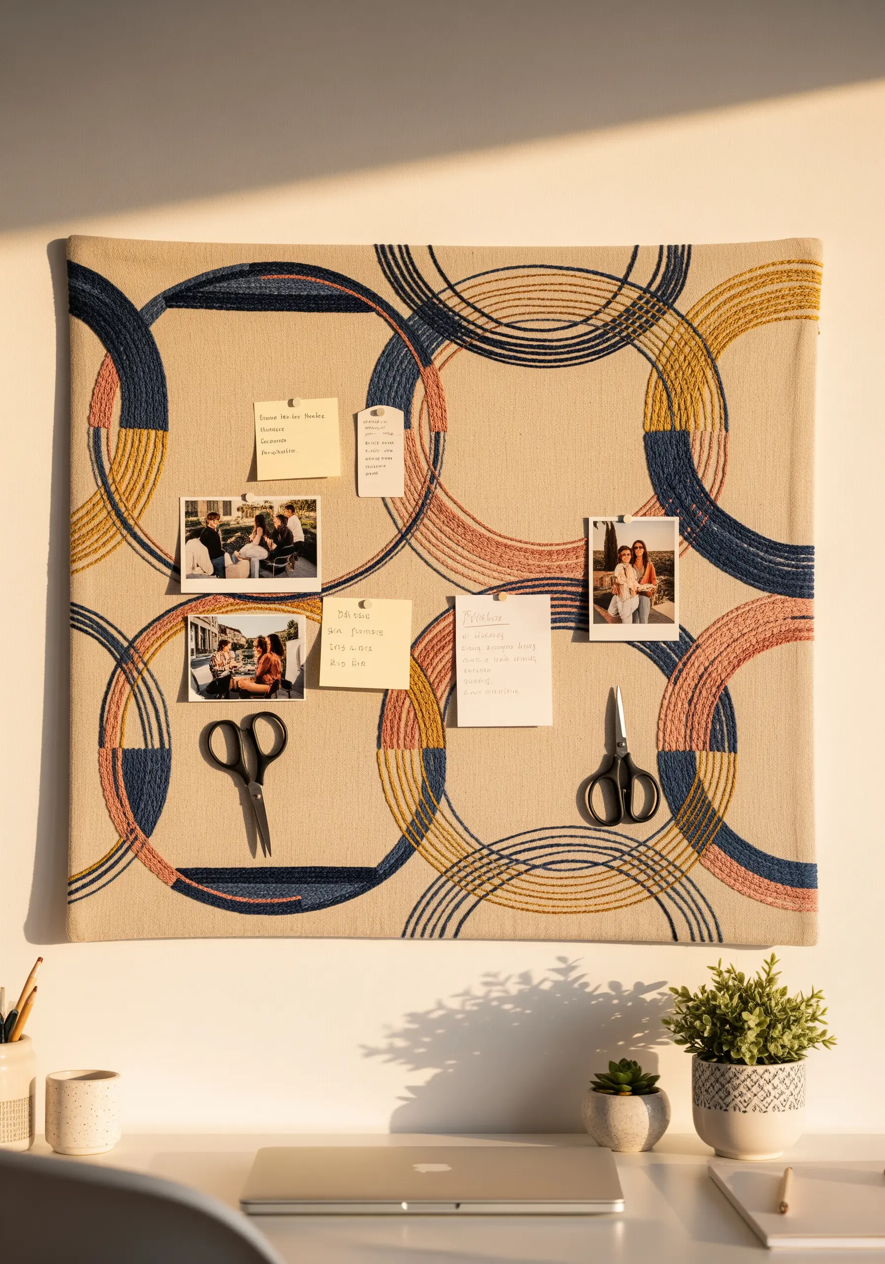 A fabric-covered pinboard with embroidered navy, pink, and yellow circles.
