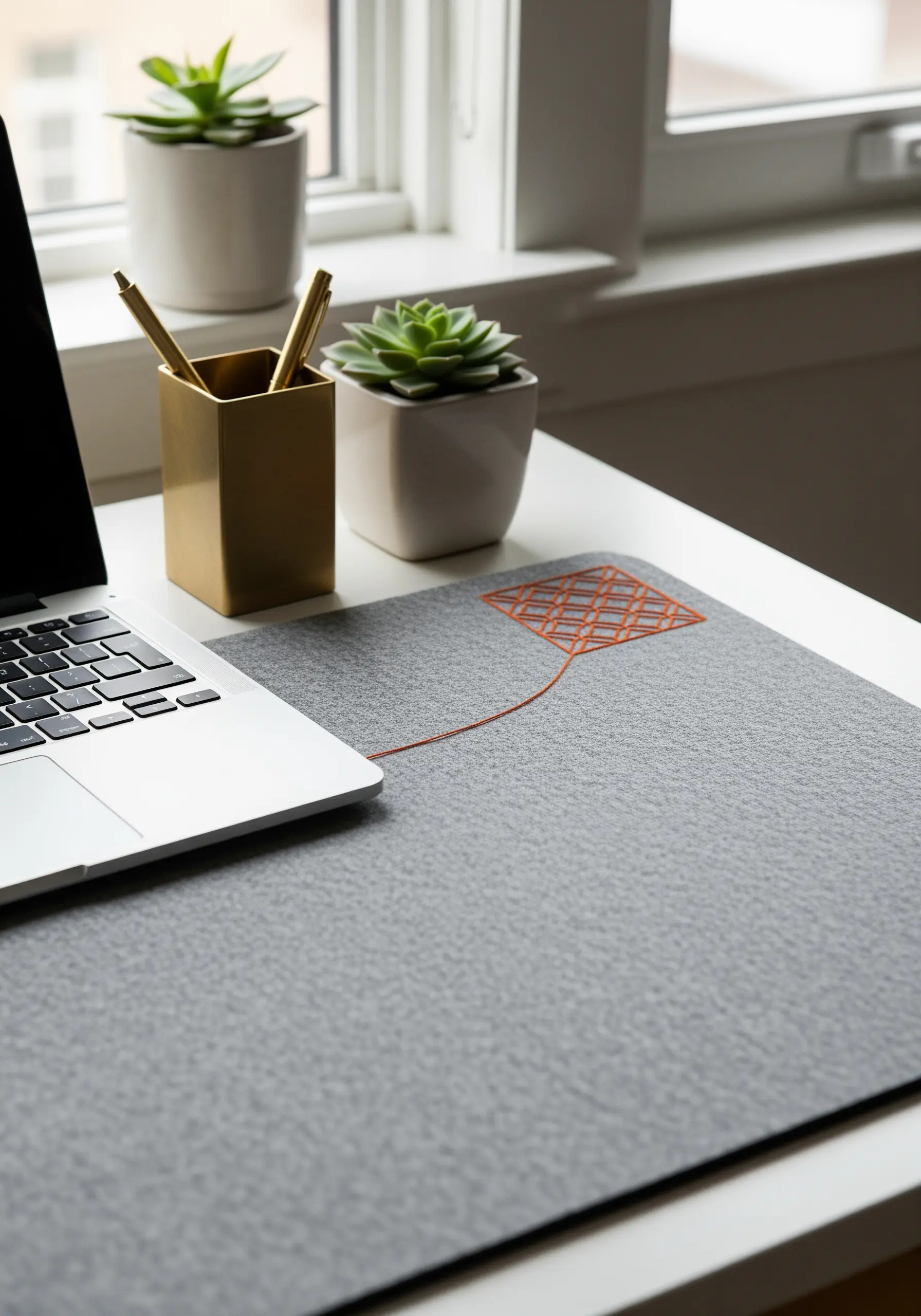 A grey felt desk mat embroidered with an orange geometric kite motif.