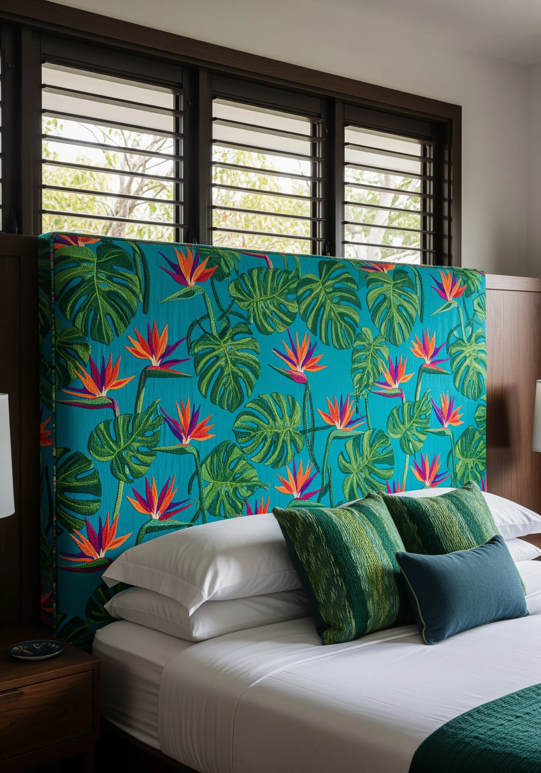 A bright turquoise headboard fully embroidered with a pattern of tropical leaves and flowers.