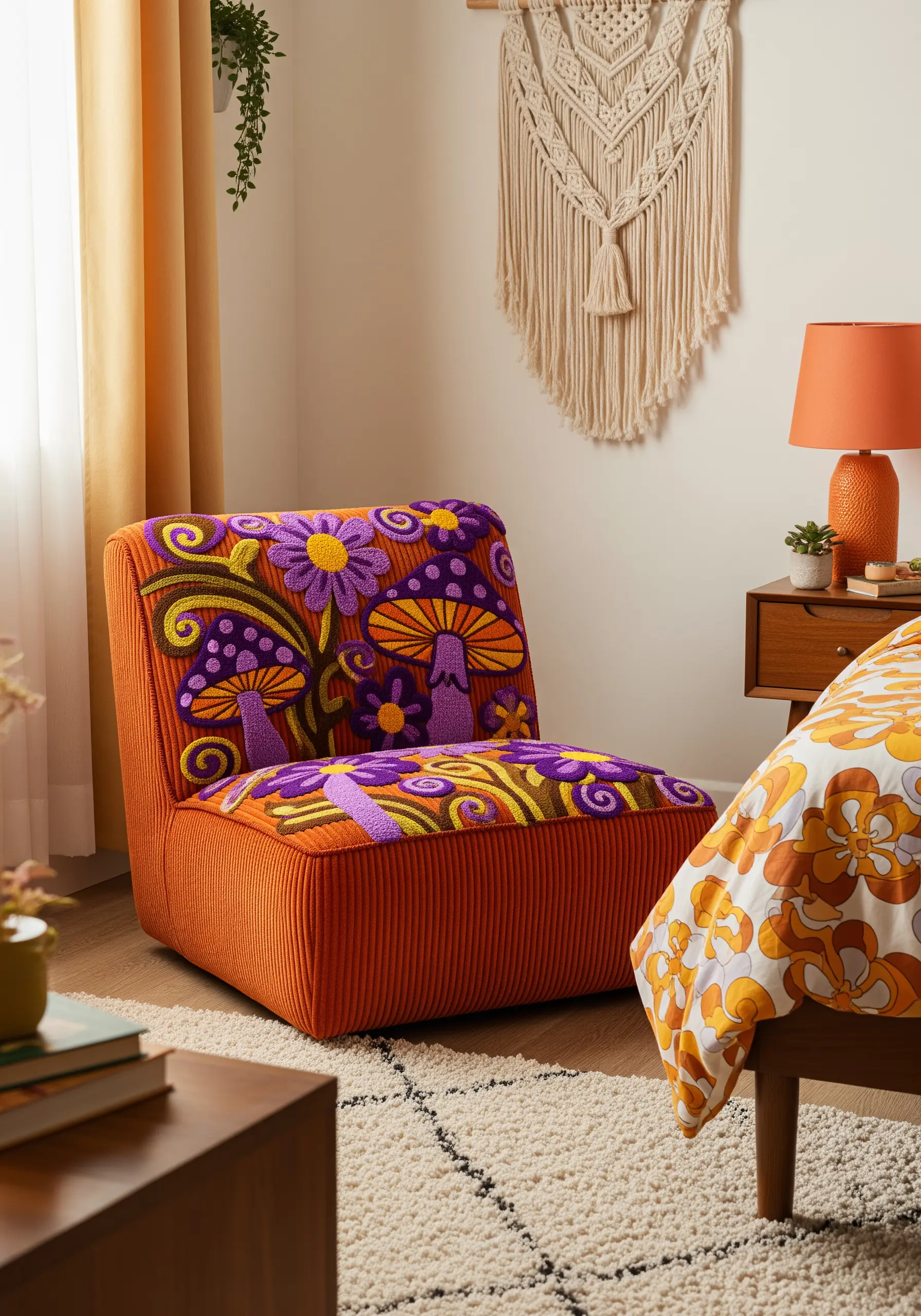 A low-slung orange corduroy chair, heavily embroidered with psychedelic purple and yellow flowers and mushrooms.