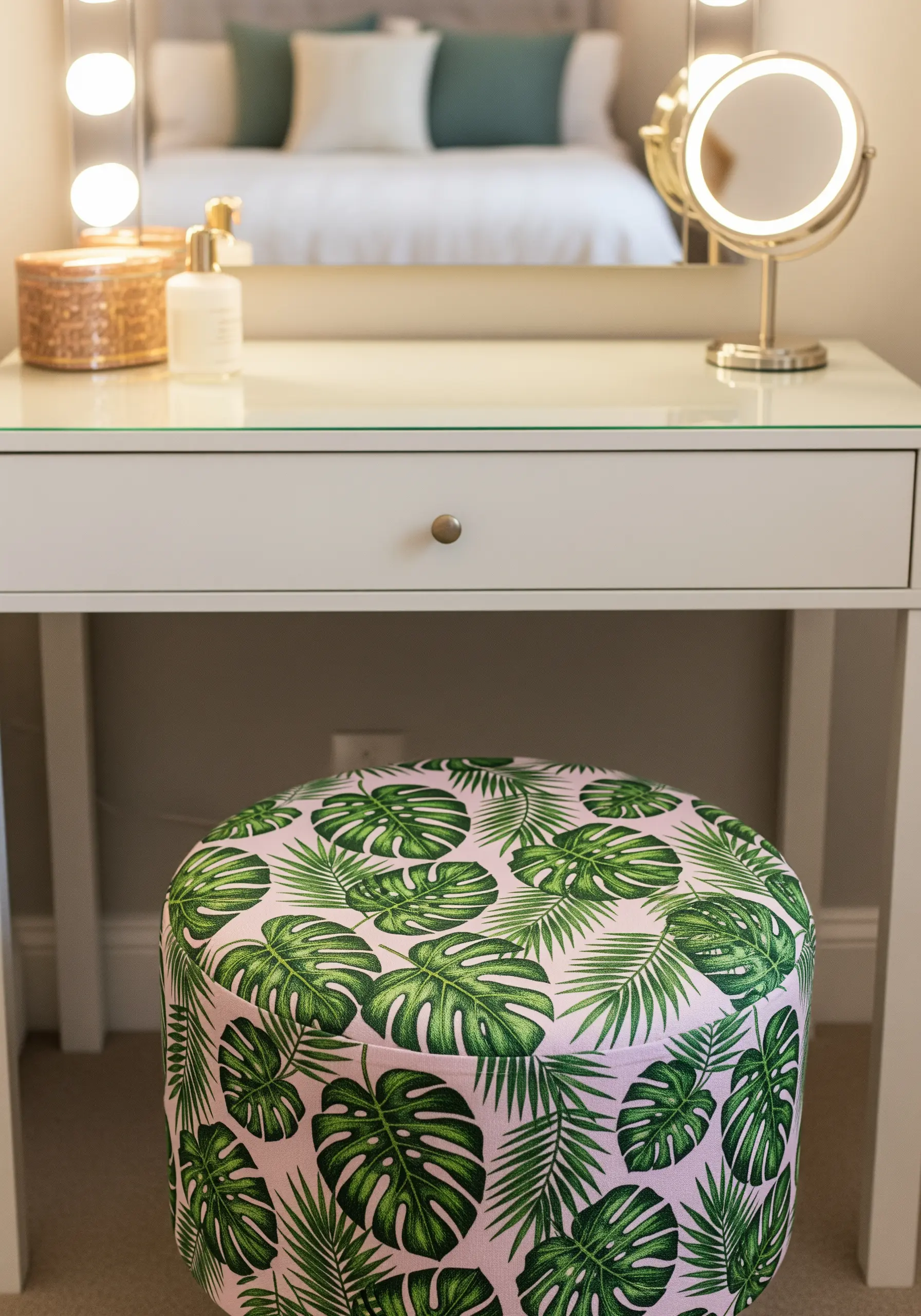 A pink vanity stool upholstered with fabric featuring a bold green embroidered monstera leaf pattern.