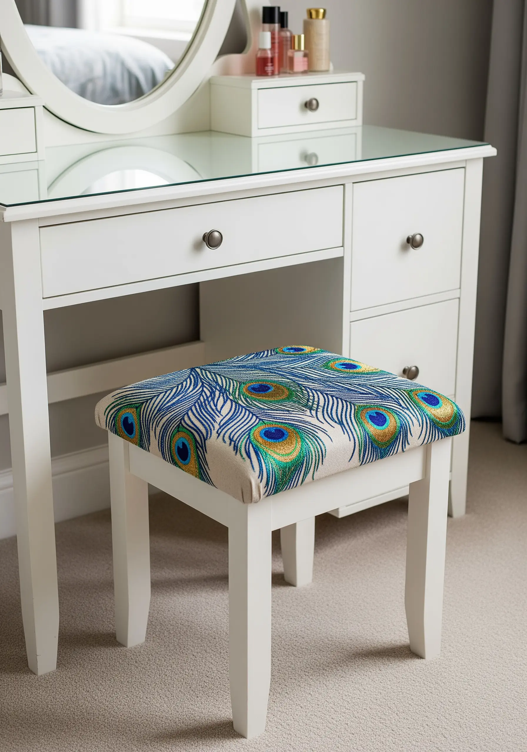 A vanity stool with a seat upholstered in fabric embroidered with a dense peacock feather pattern.