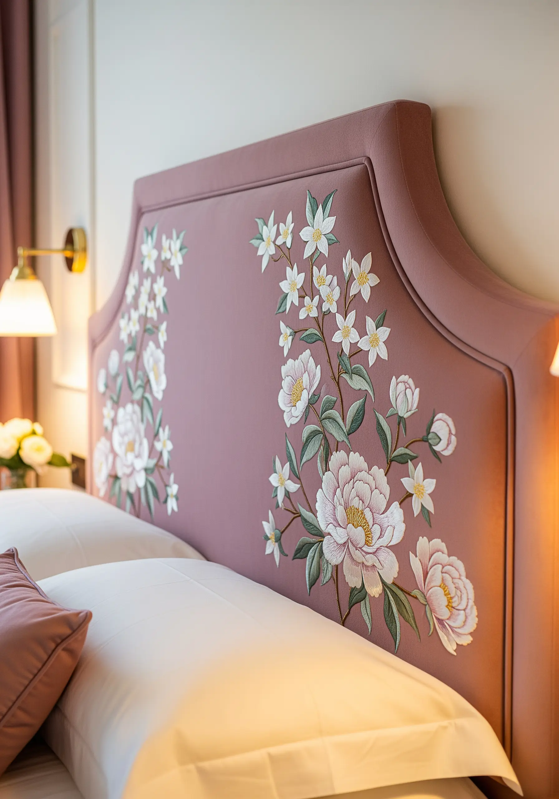 Pink velvet headboard featuring large white peony embroidery