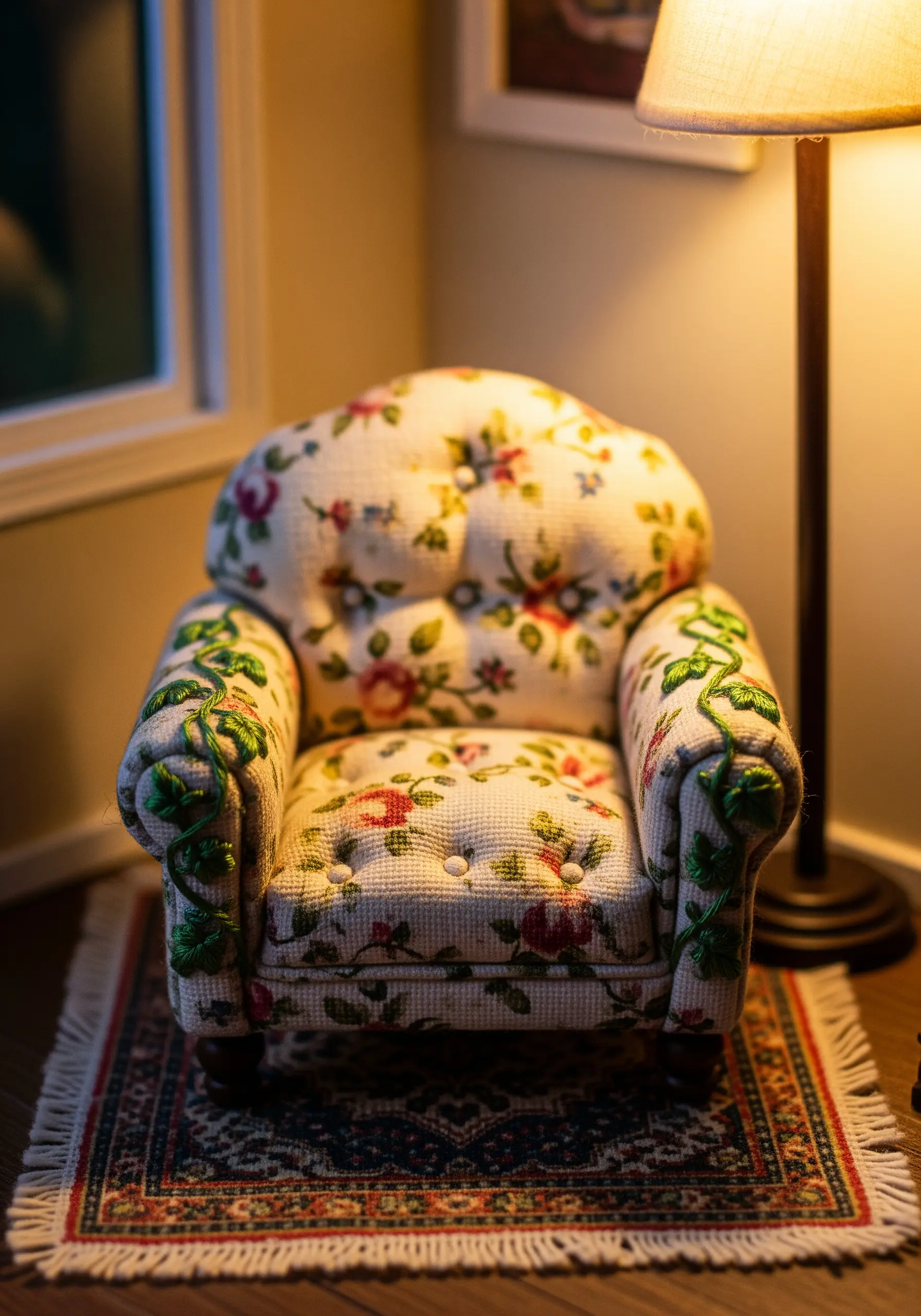 A miniature floral armchair with delicate green vine embroidery stitched along the arms.