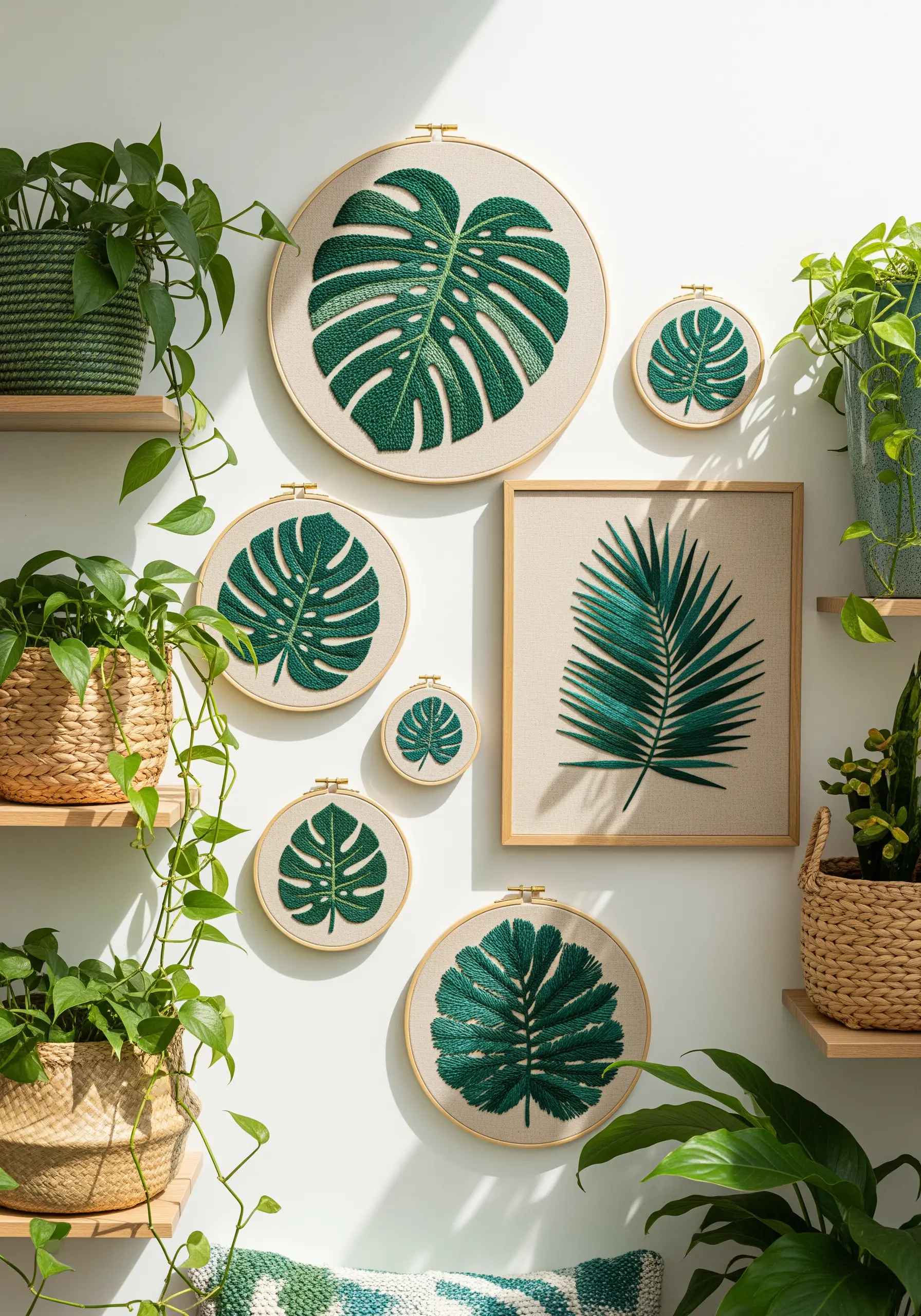 A gallery wall of embroidered tropical leaves, including monstera and palm, in various hoop sizes.