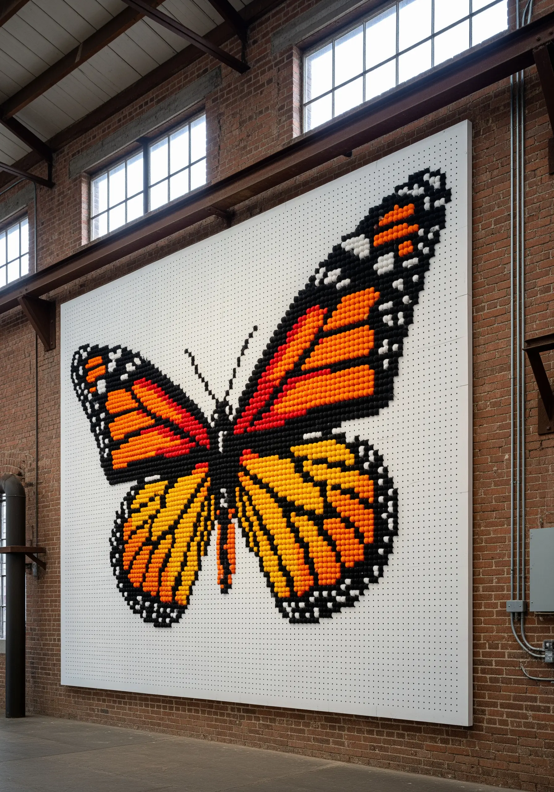 A giant monarch butterfly made of orange, black, and white thread spools on a white pegboard.