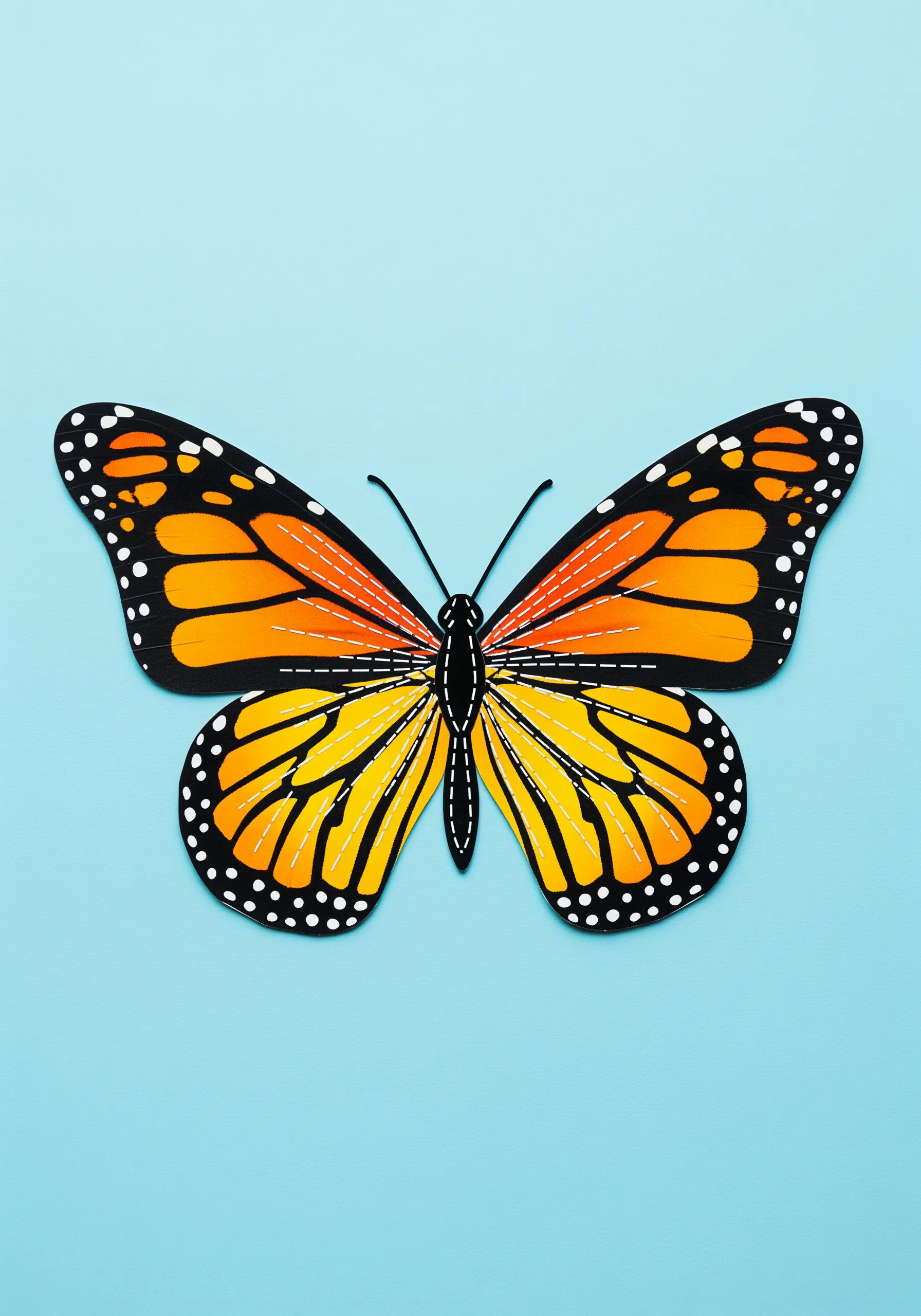 A paper monarch butterfly with white running stitches defining the veins on its wings.