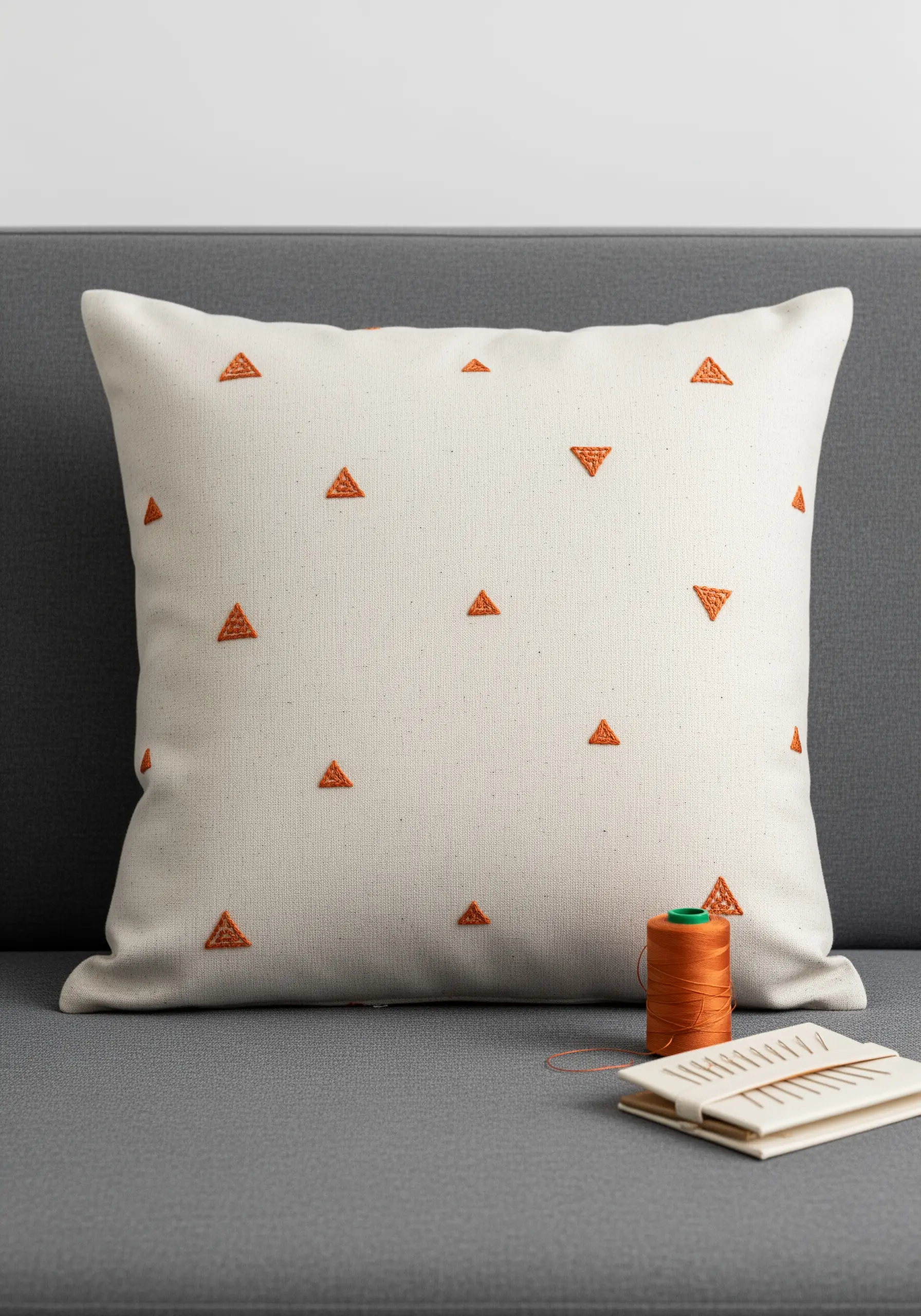 A cream-colored pillow decorated with a scattered pattern of small, embroidered orange triangles.