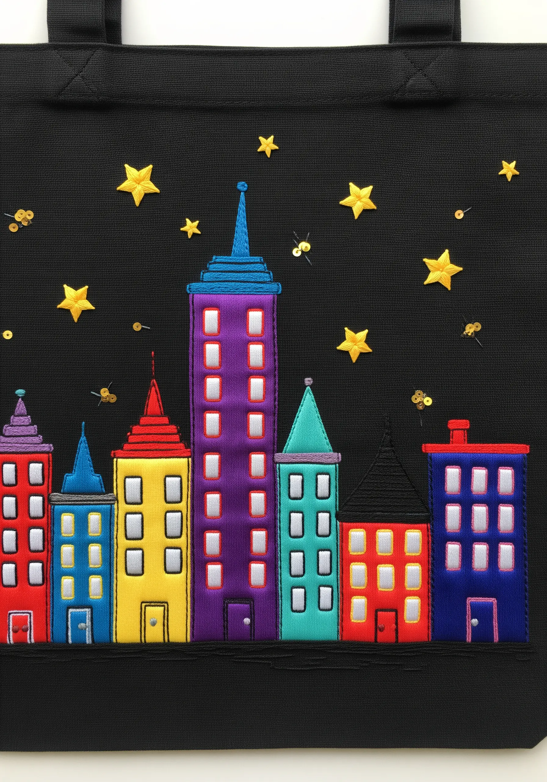A colorful, cartoonish city skyline on a black tote bag, made with appliqué and embroidery.