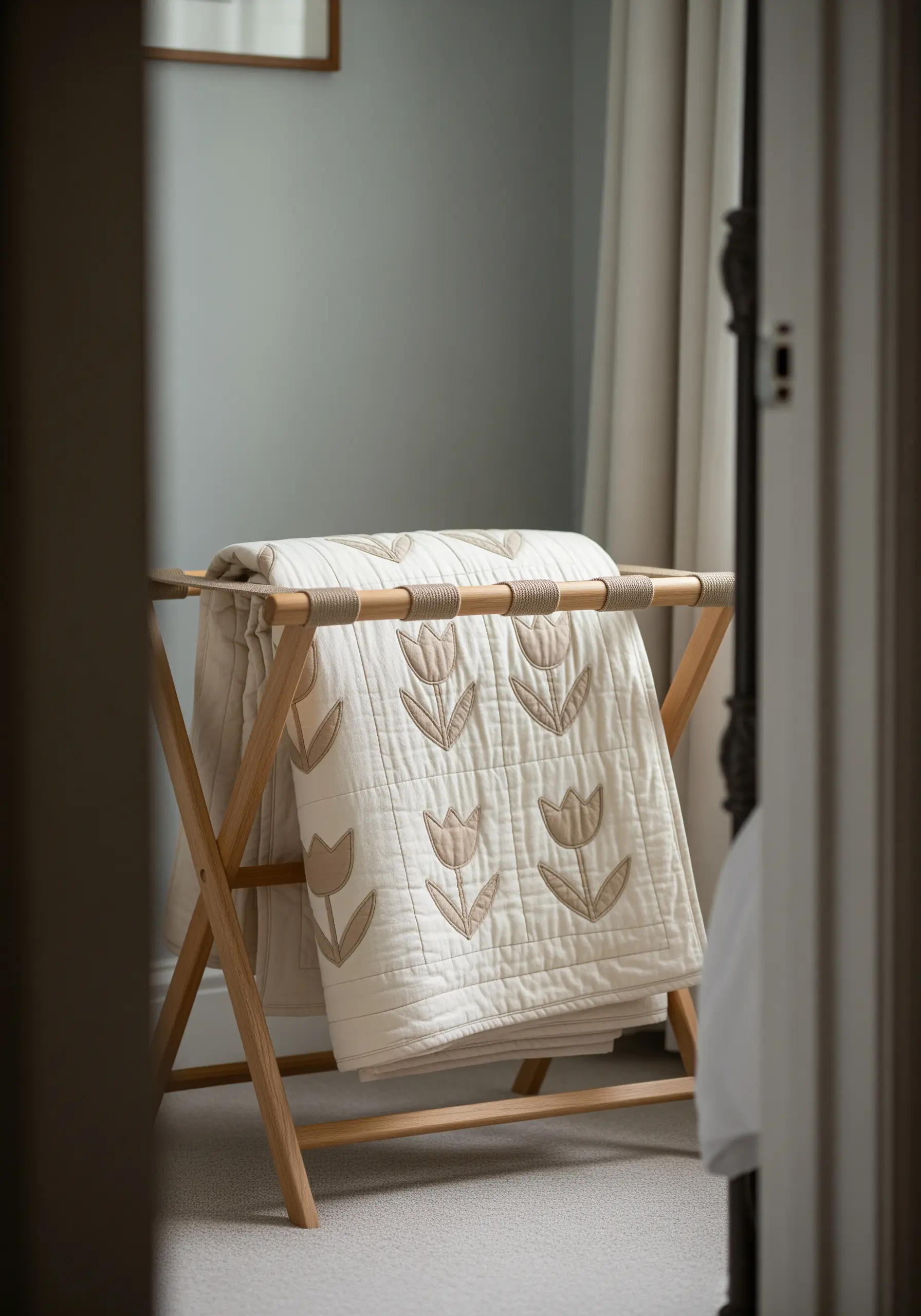 A quilted blanket with a pattern of stylized tulips created with appliqué and simple embroidery.
