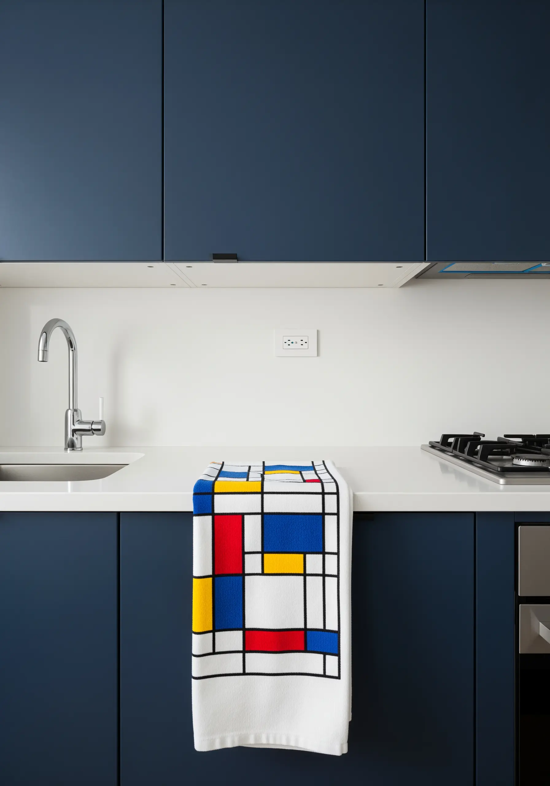 A kitchen towel with an embroidered Mondrian-style geometric color block design.