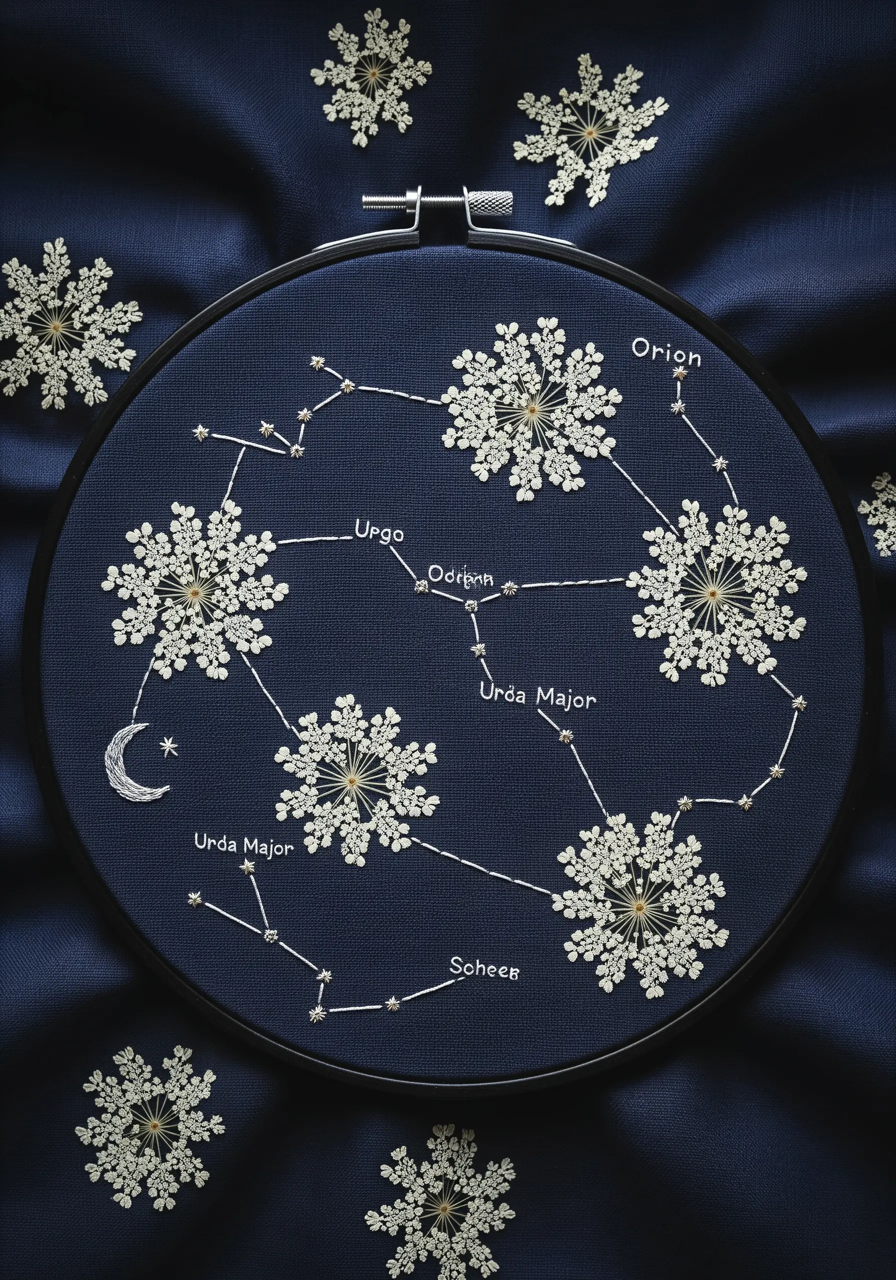 A celestial embroidery hoop with constellations mapped in silver thread, using flowers as stars.