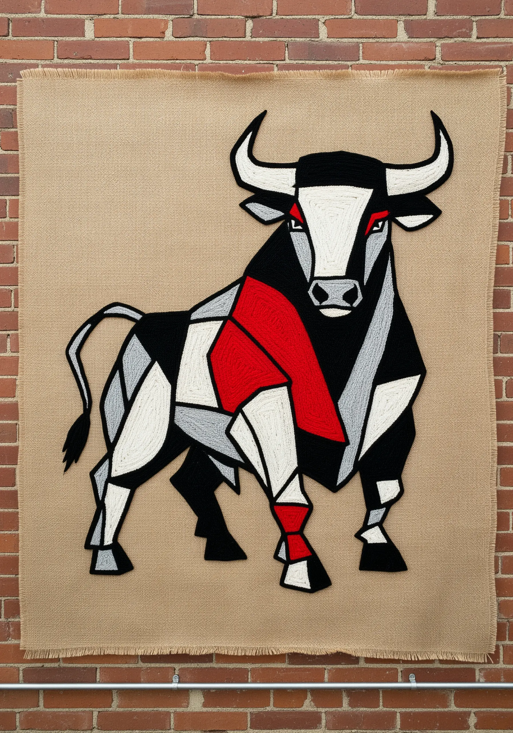 A Cubist-style bull embroidered with thick yarn on a piece of raw burlap.
