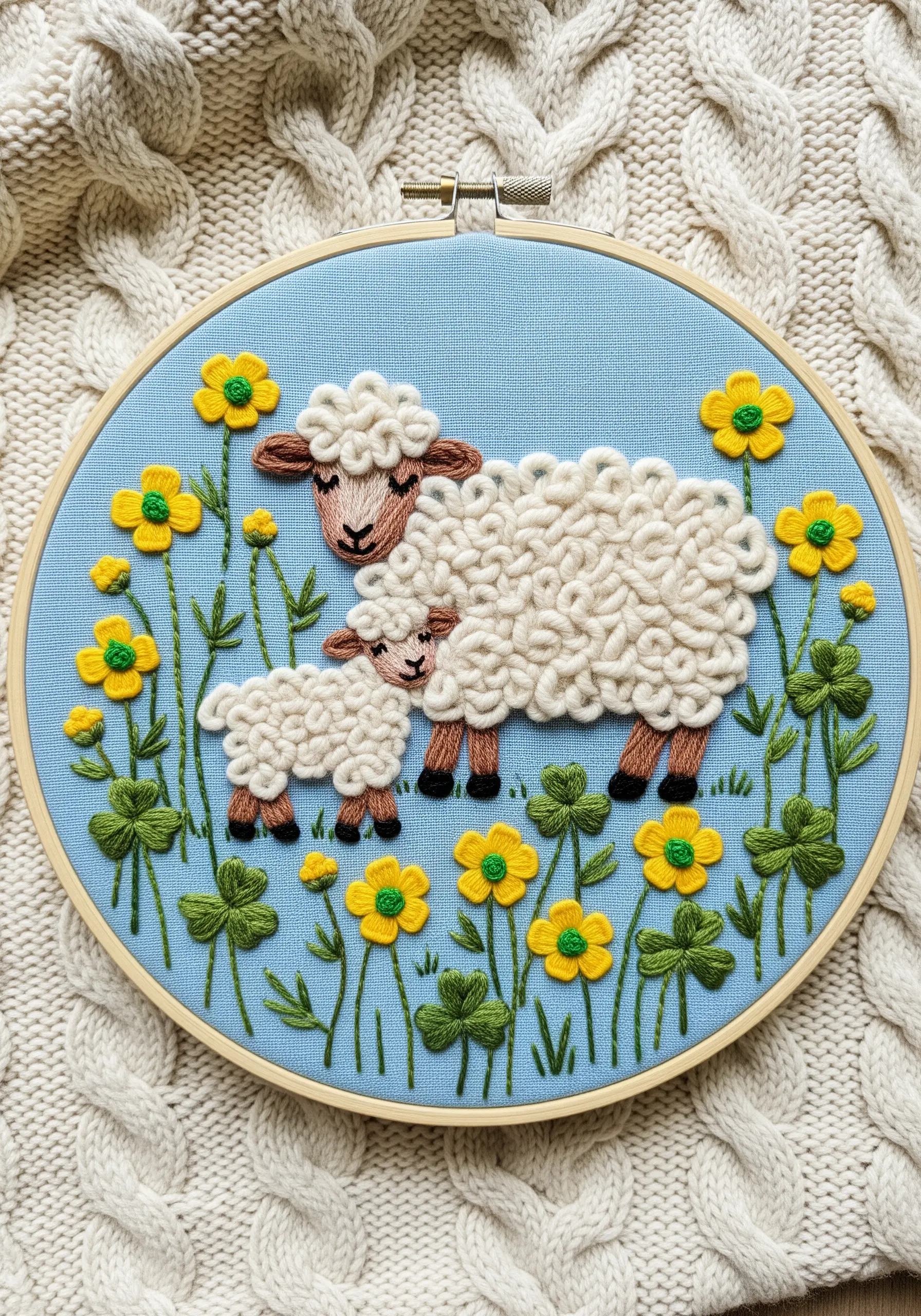 A mother sheep and a lamb embroidered with textured colonial knots for their woolly fleece.