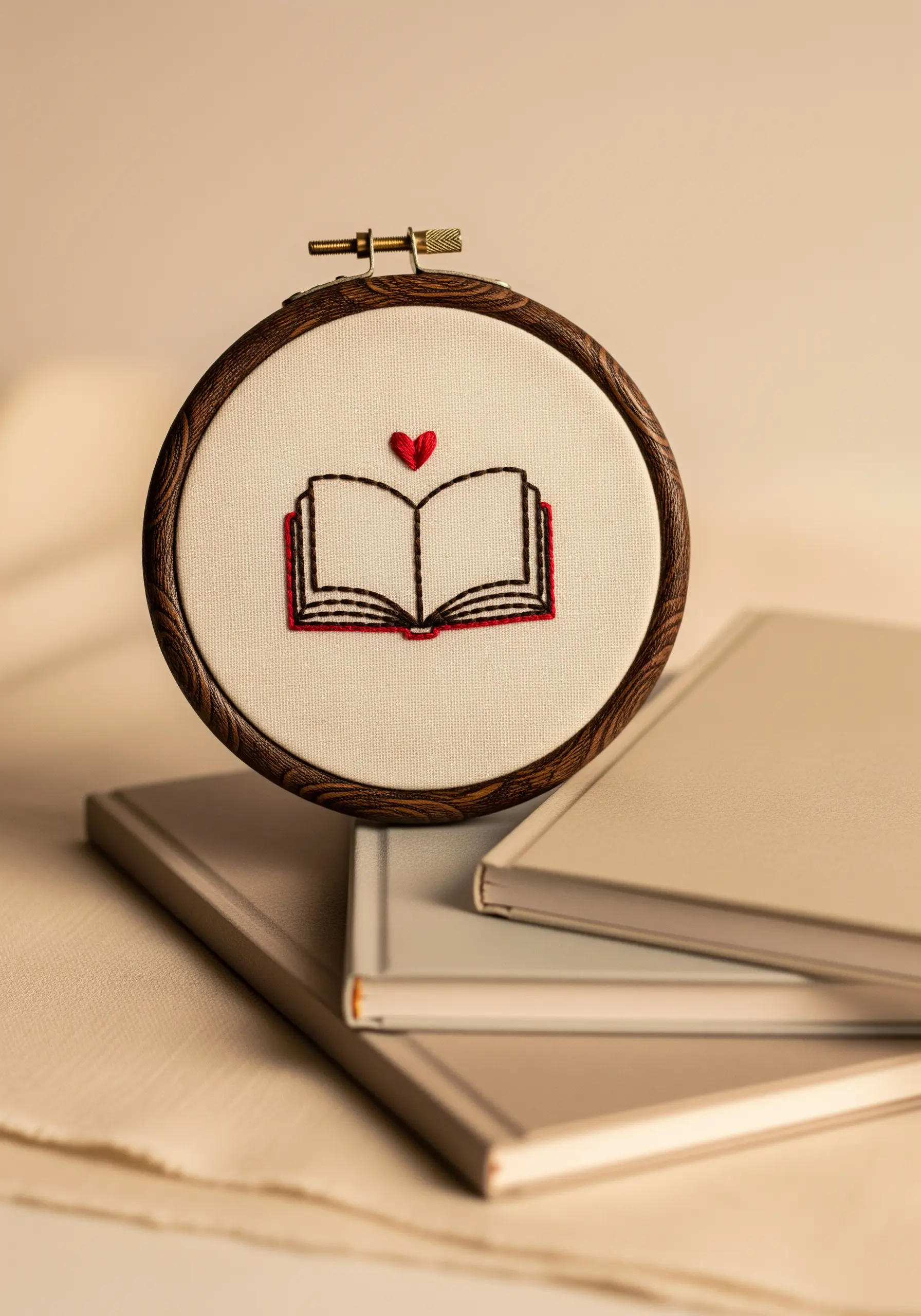 Minimalist embroidery of an open book with a red heart, displayed in a dark wood hoop.