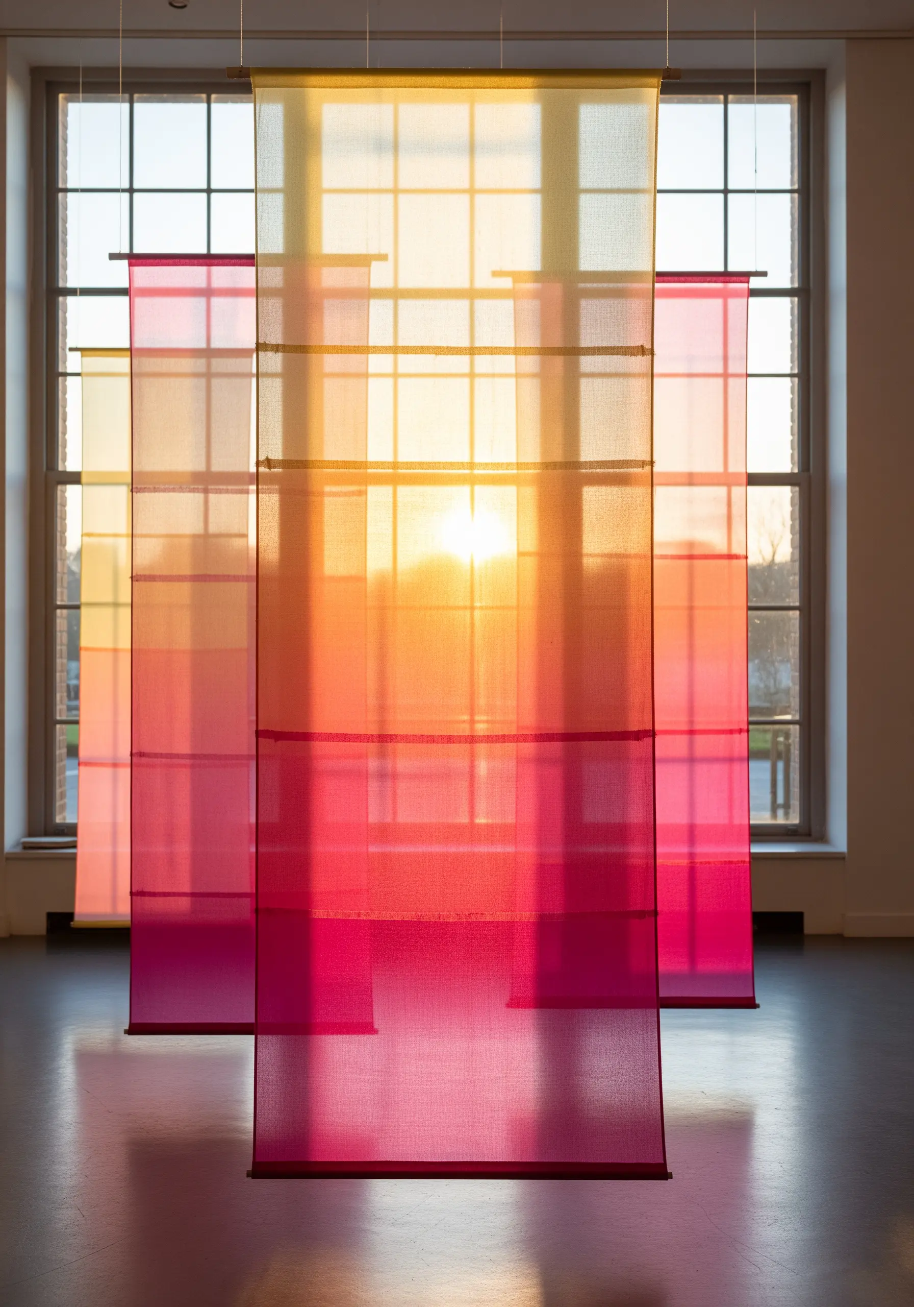 Minimal white stitching on a sheer, brightly colored piece of organza.