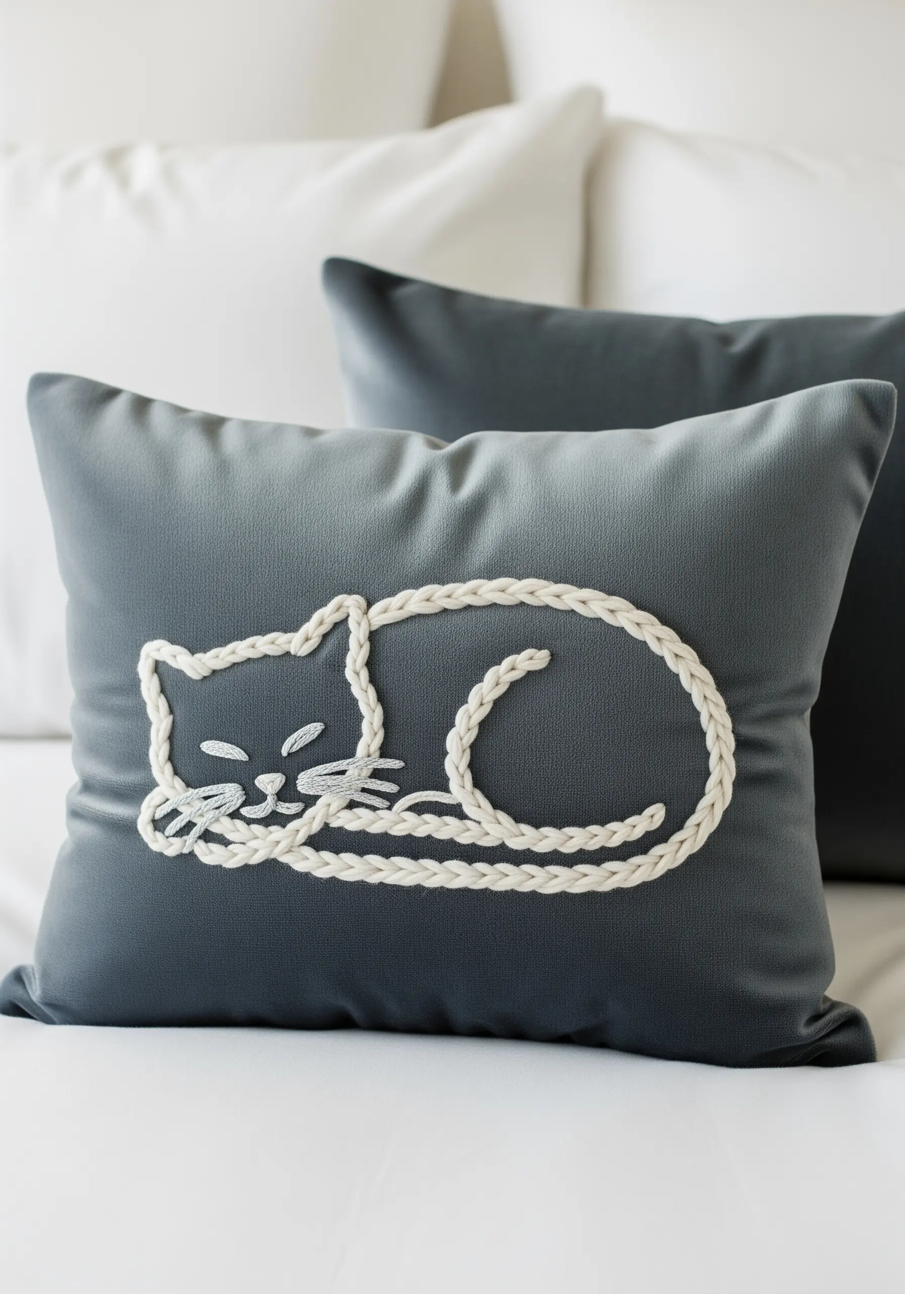 A grey velvet pillow with the outline of a sleeping cat created with couched white cord.