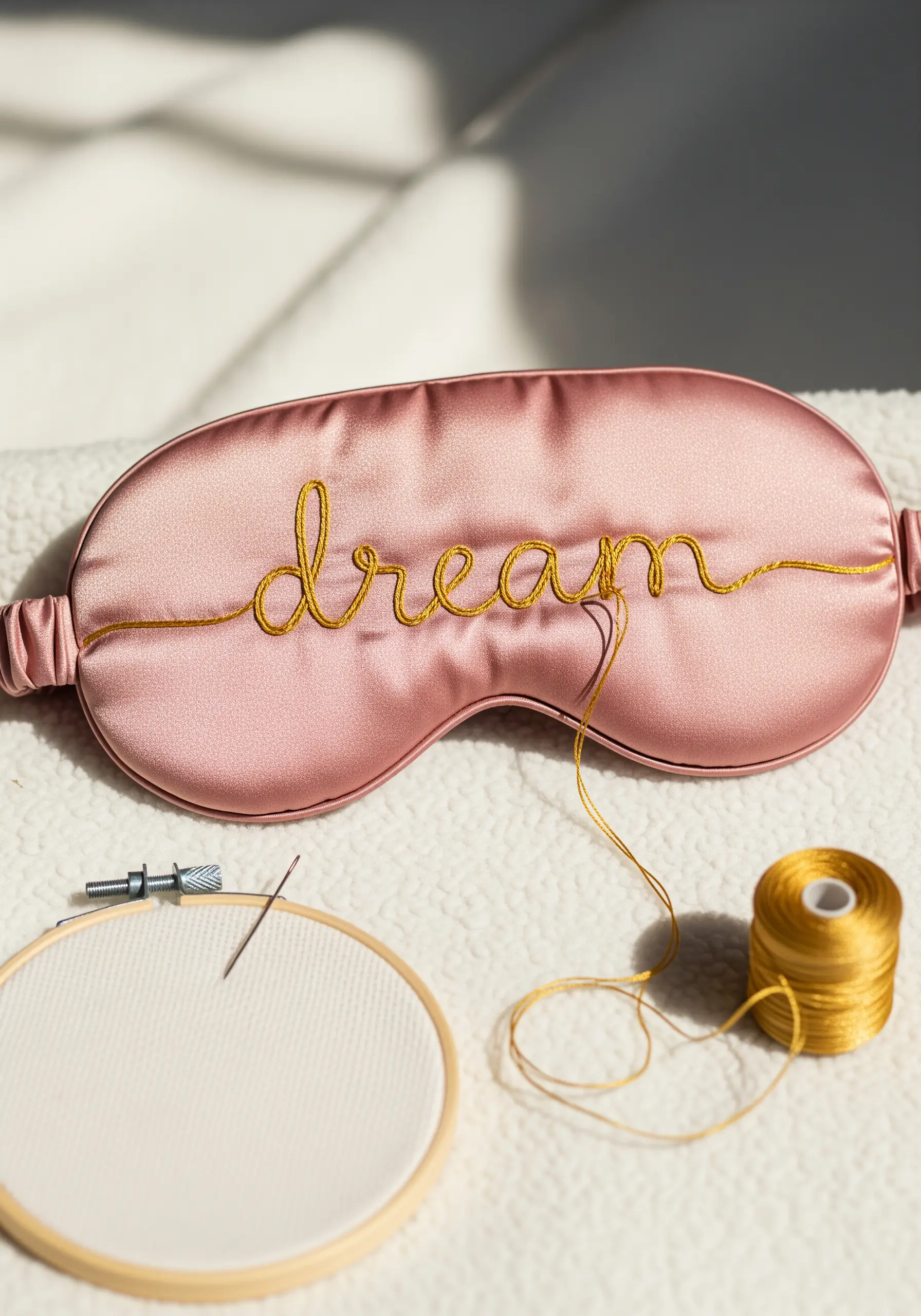 The word 'dream' embroidered in gold thread on a pink silk eye mask using a couching stitch.