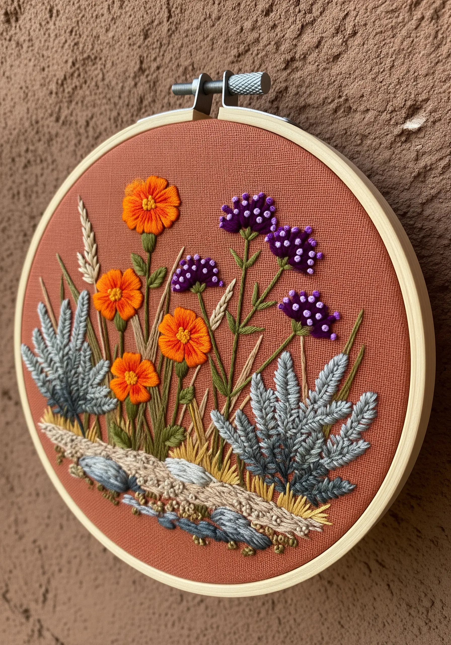 A textured wildflower embroidery with silvery-grey couched leaves on a terracotta-colored fabric.